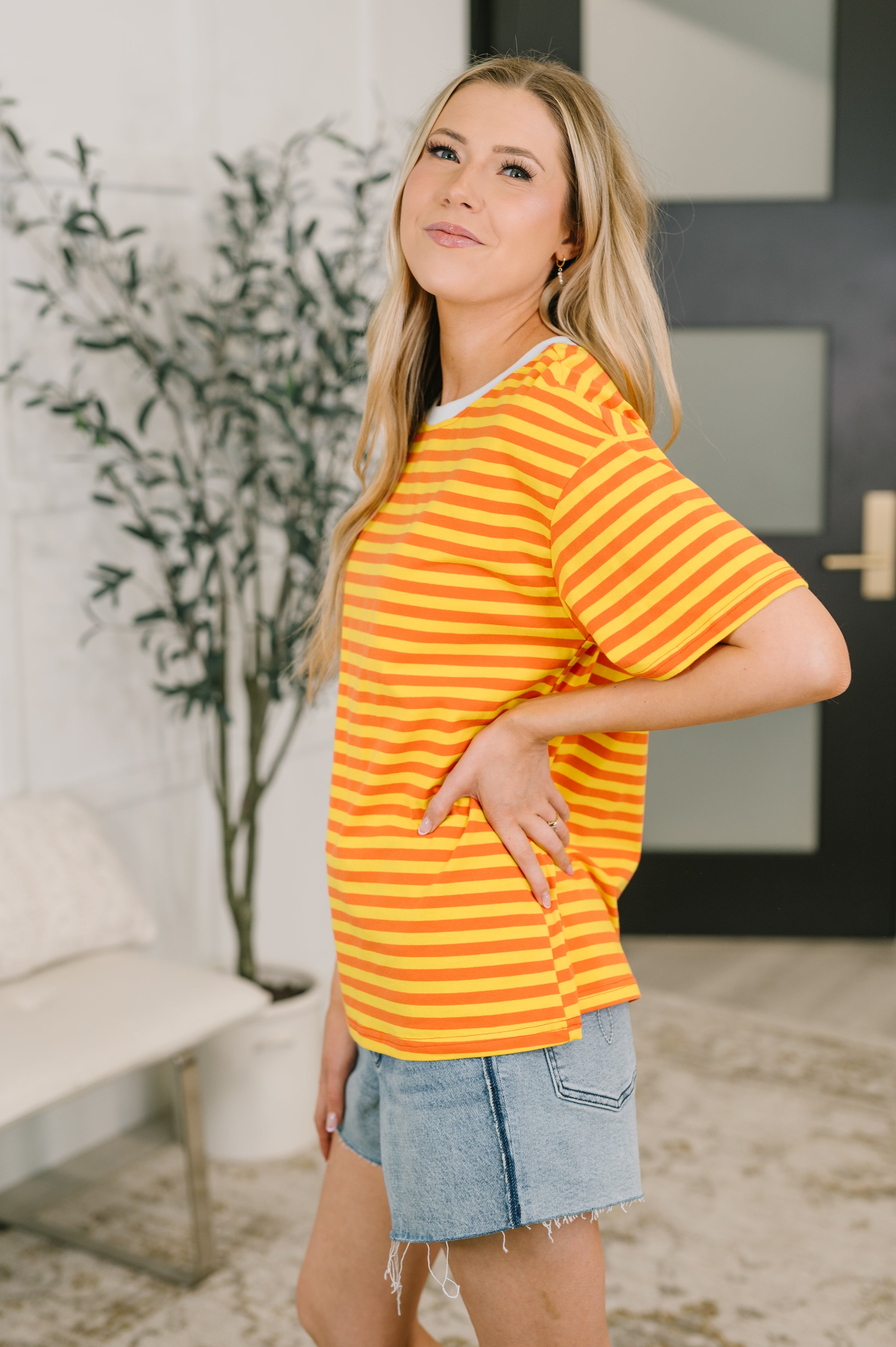 I Think I'm in Love Round Neck Loose Tee in Orange and Yellow - Charming Charlie