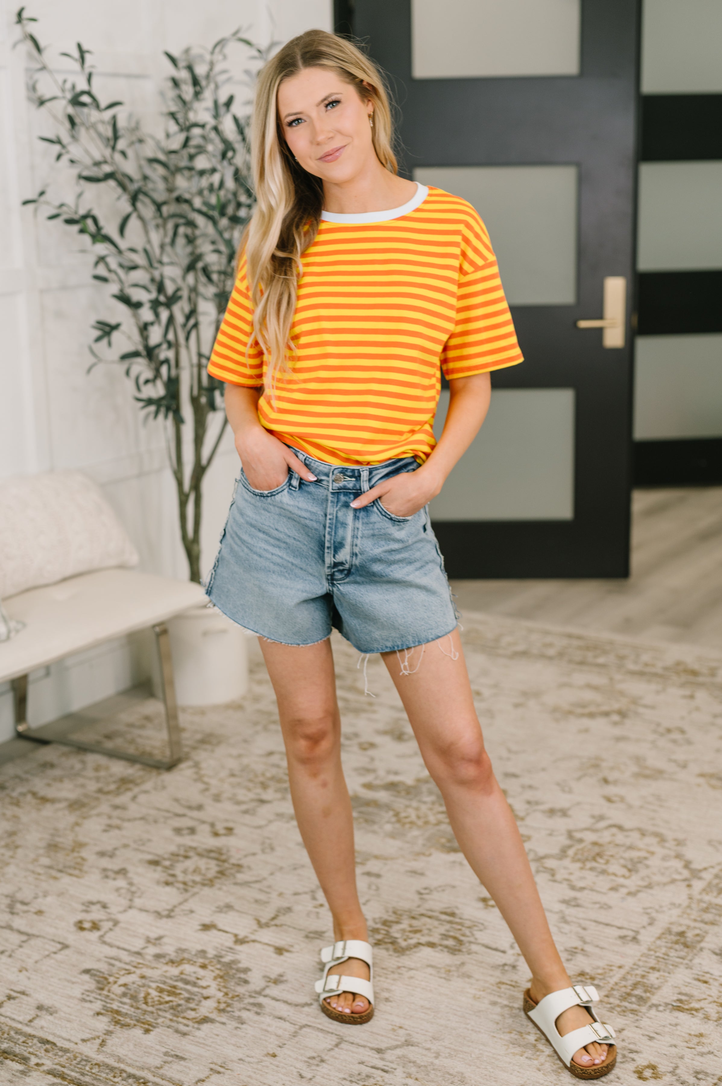 I Think I'm in Love Round Neck Loose Tee in Orange and Yellow - Charming Charlie