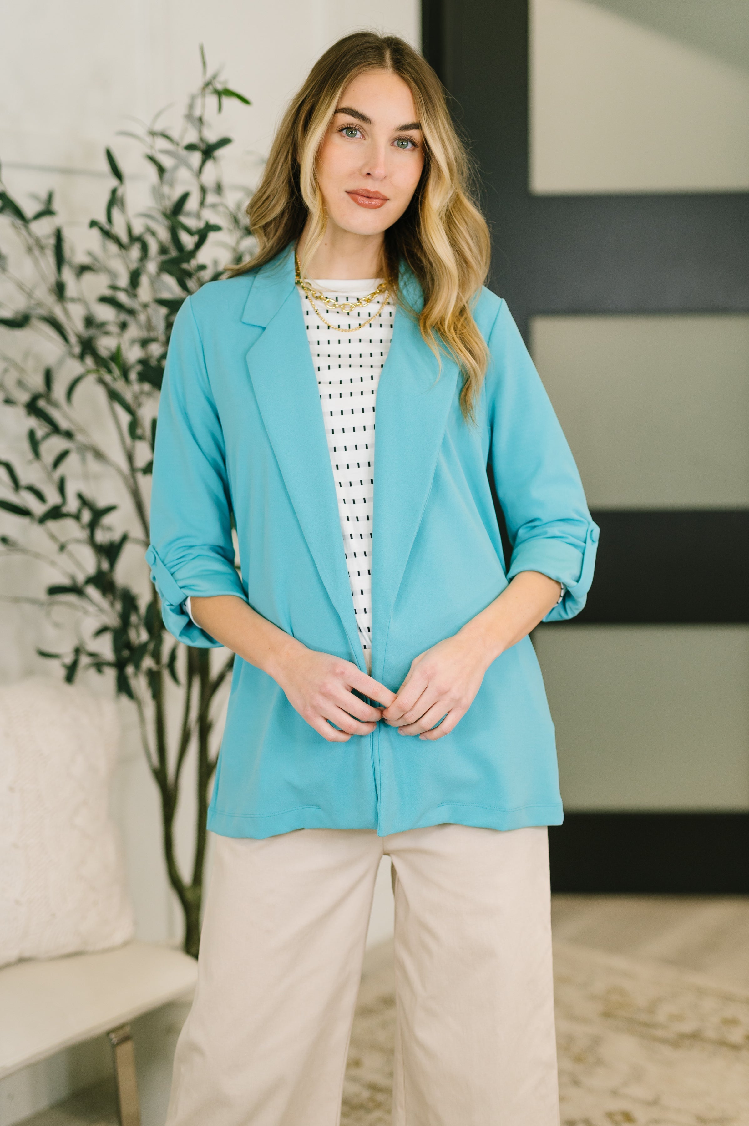 I'm Really That Gal Open Front Blazer in Aqua - Charming Charlie