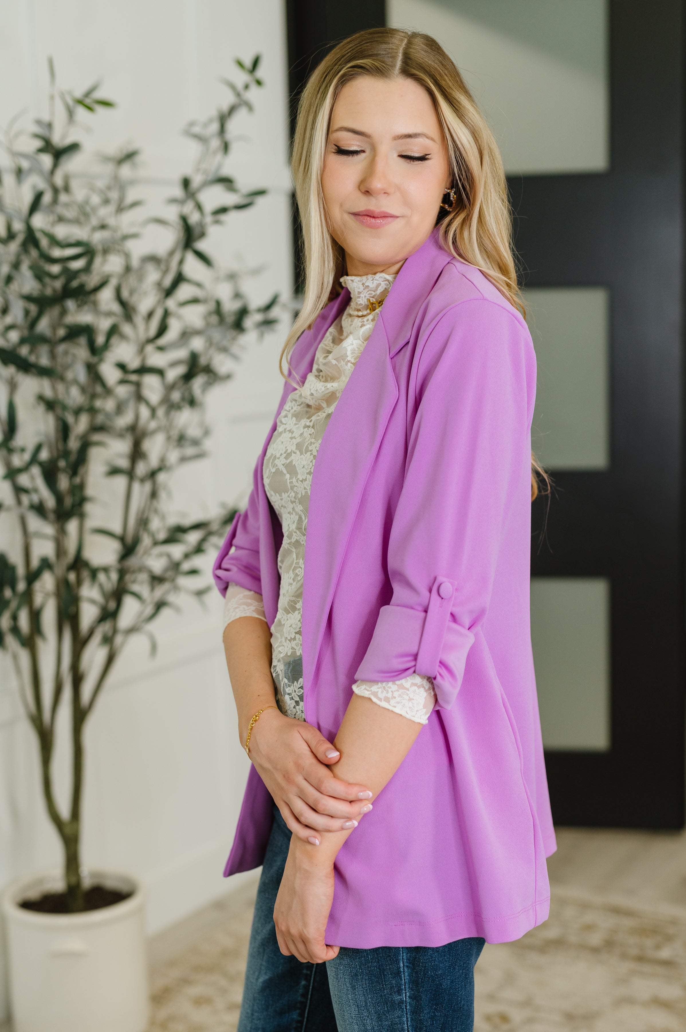 I'm Really That Gal Open Front Blazer in Orchid Glow - Charming Charlie