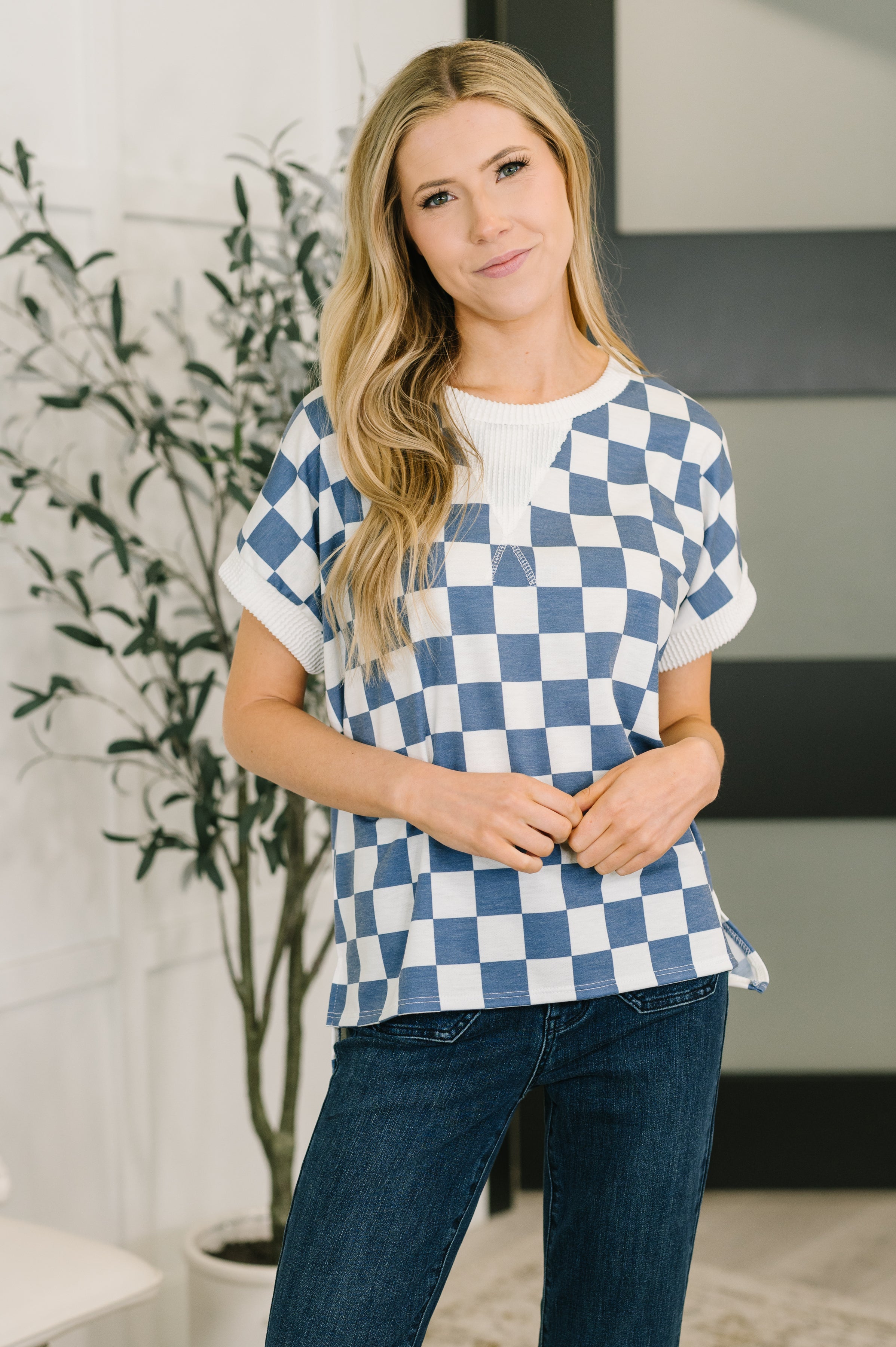 I've Been Everywhere Crew Neck Checkered Top in Blue - Charming Charlie
