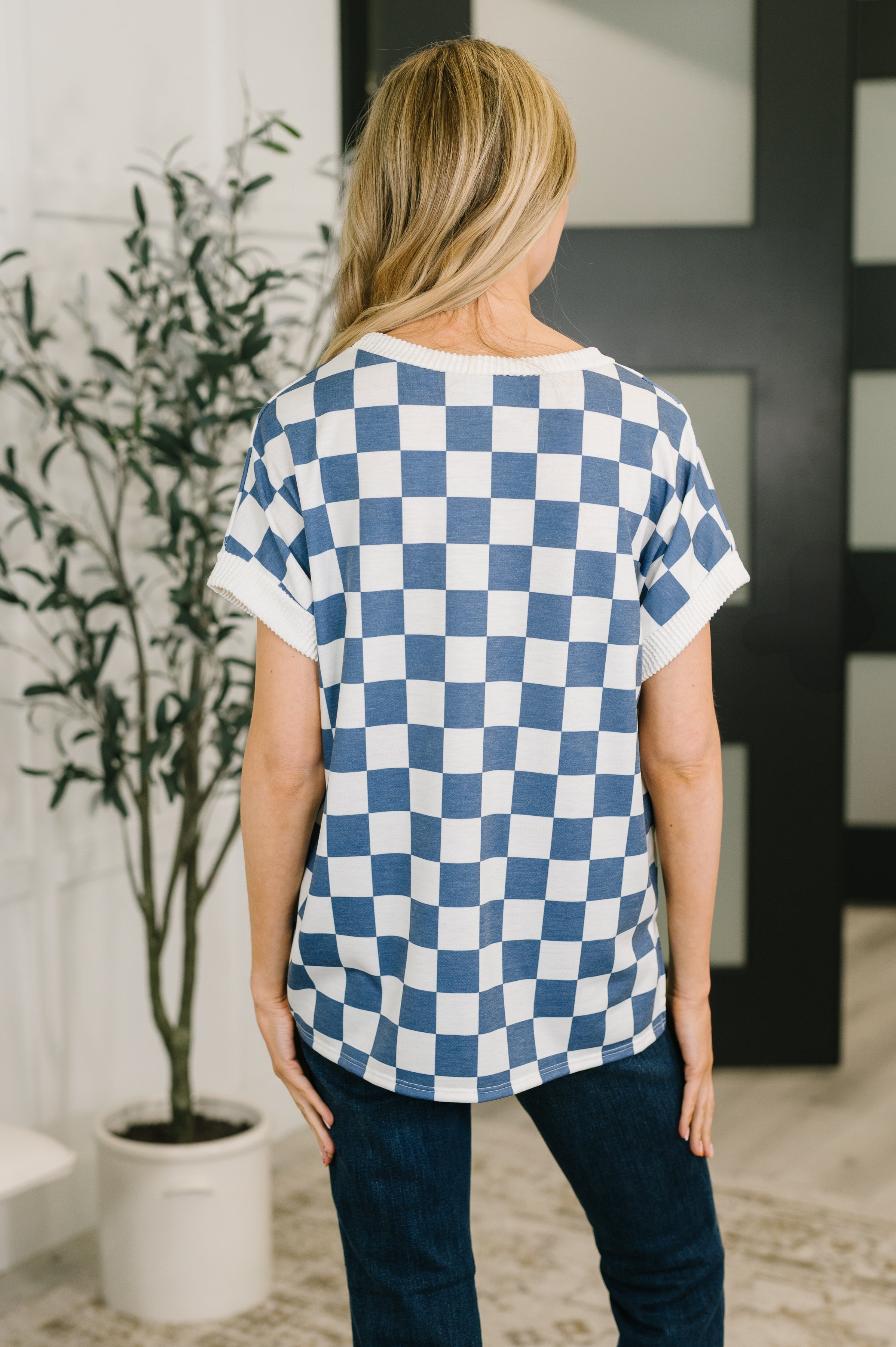 I've Been Everywhere Crew Neck Checkered Top in Blue - Charming Charlie