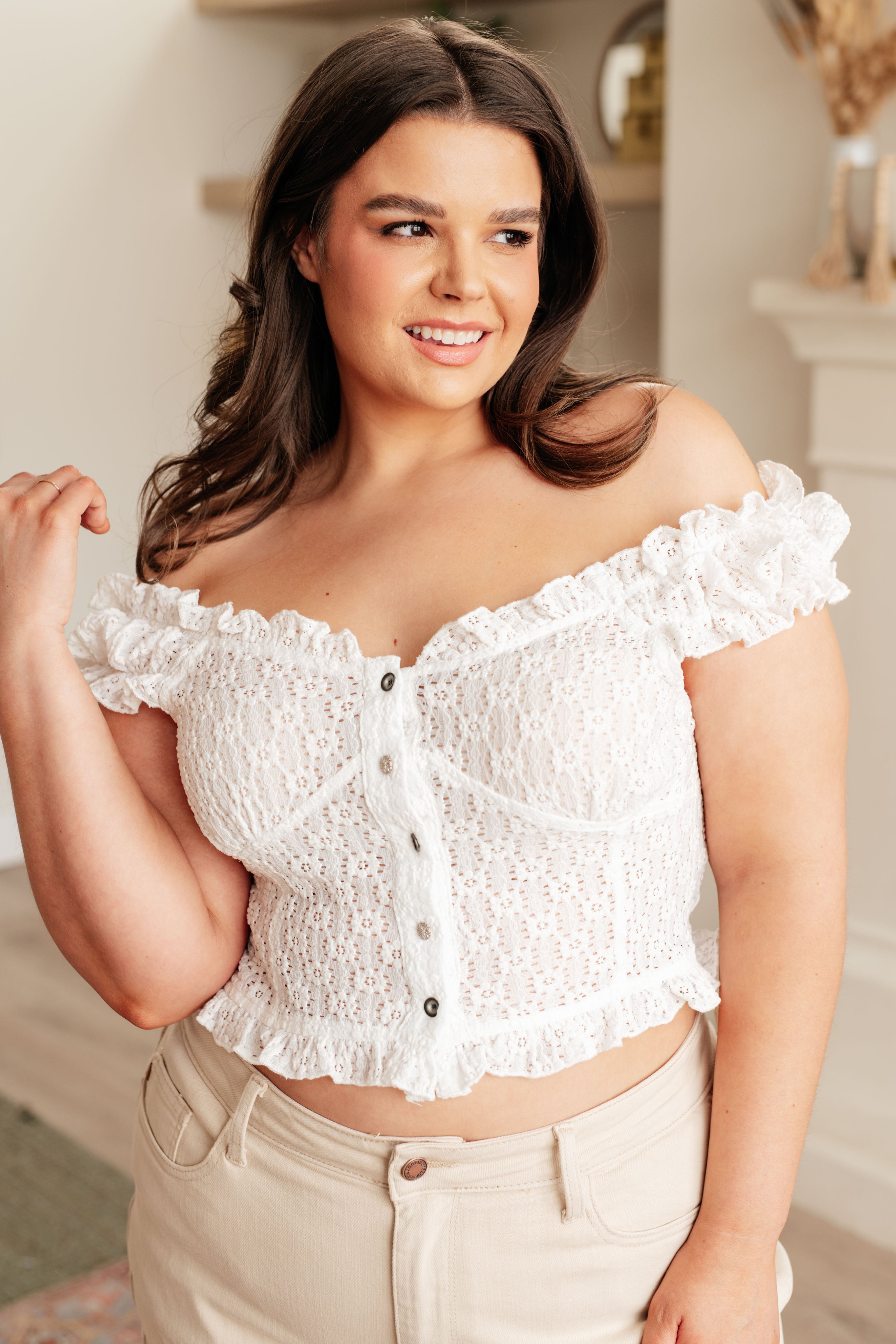 In Fair Verona Button Up Crop in Off White - Charming Charlie