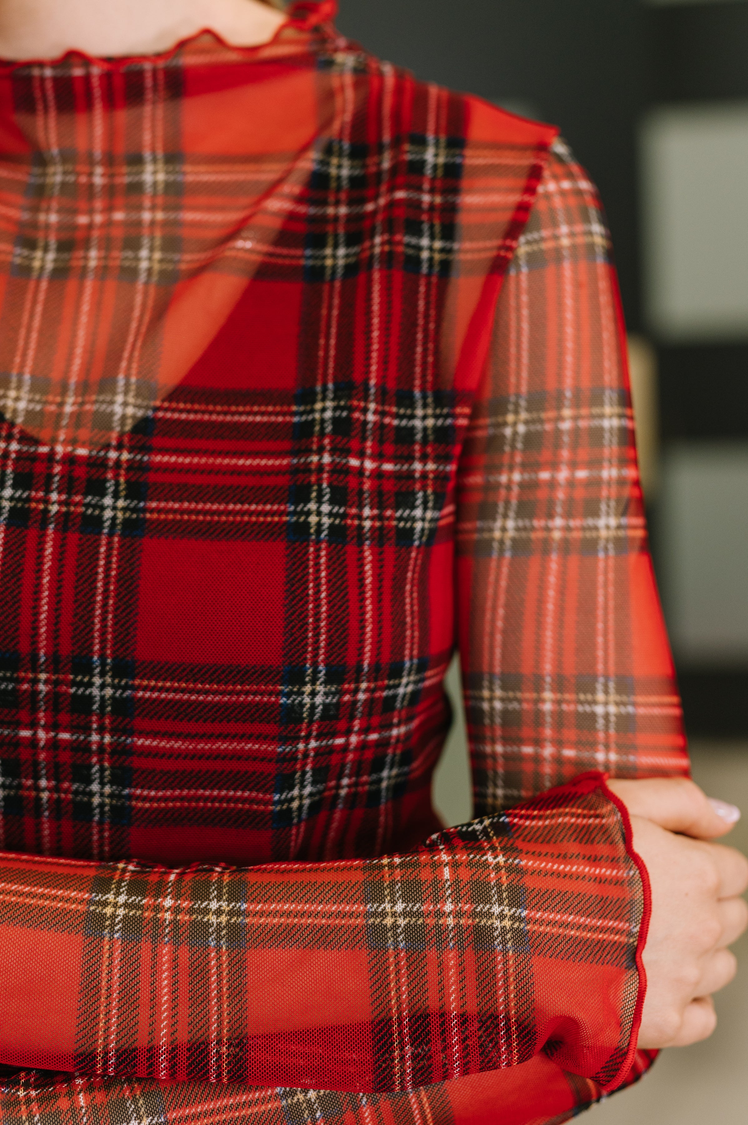 In the Present Plaid Mesh Layering Top in Red - Charming Charlie