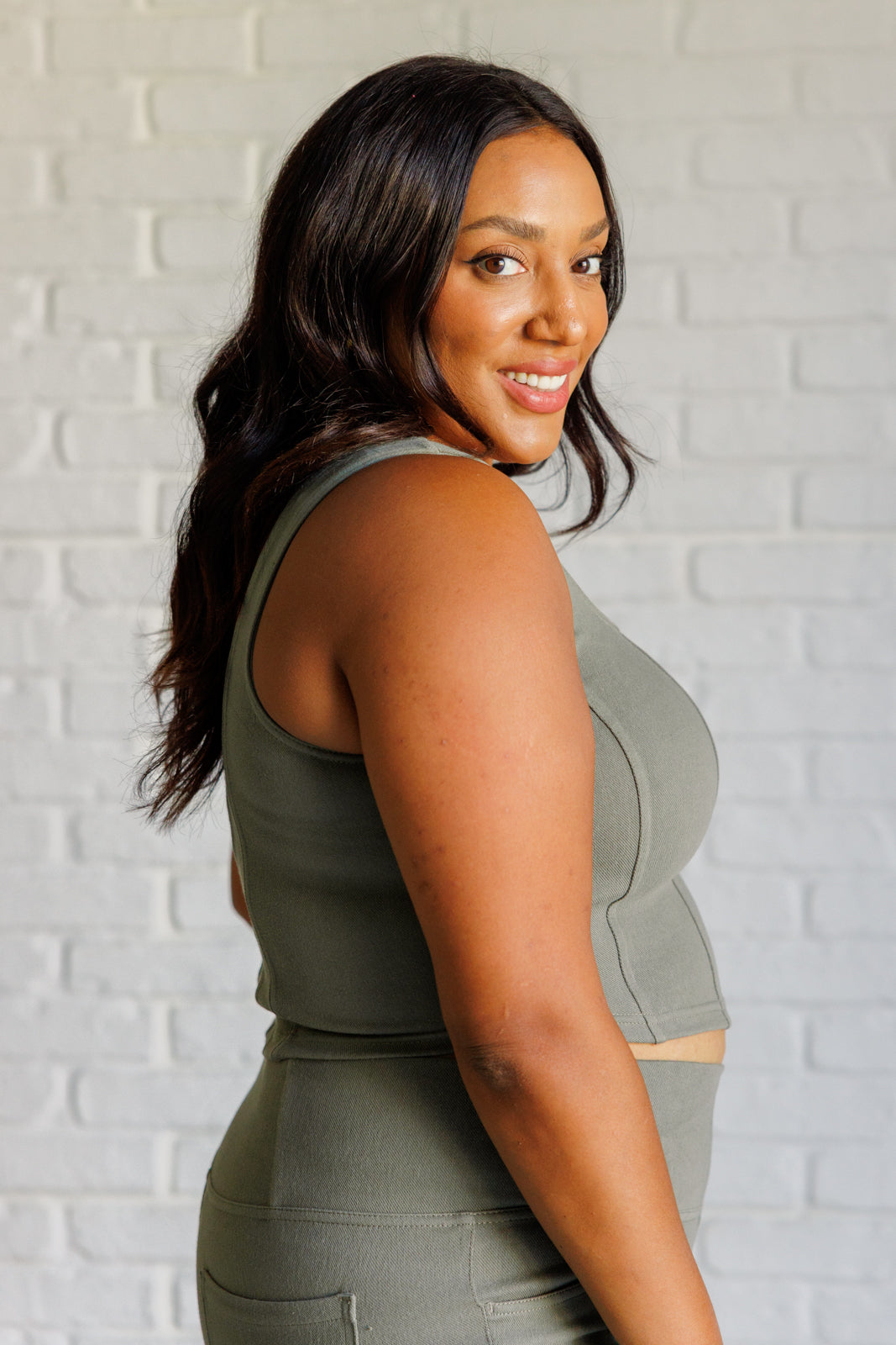 It's All About the Balance Twill Square Neck Crop Top in Dusty Olive - Charming Charlie