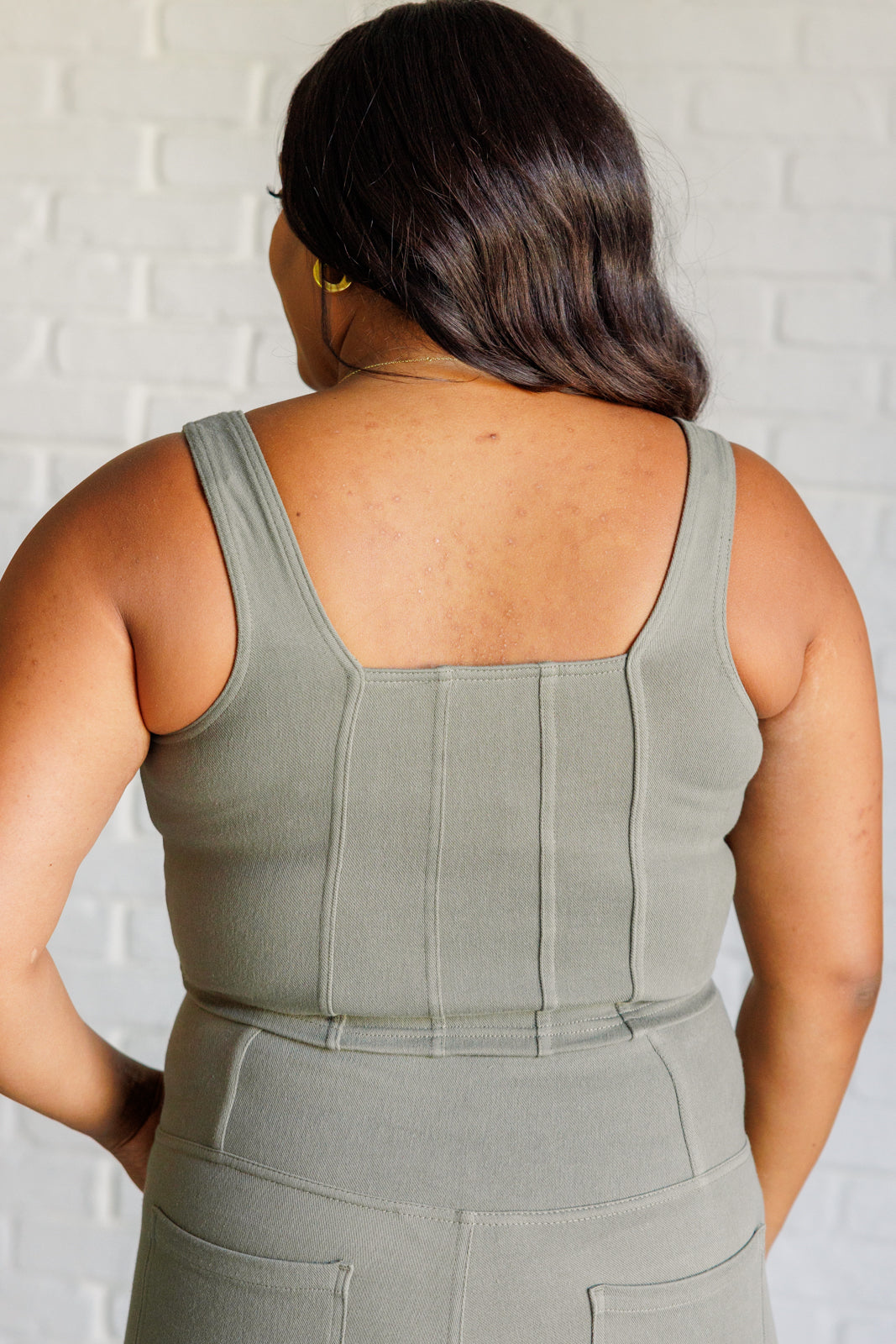 It's All About the Balance Twill Square Neck Crop Top in Dusty Olive - Charming Charlie