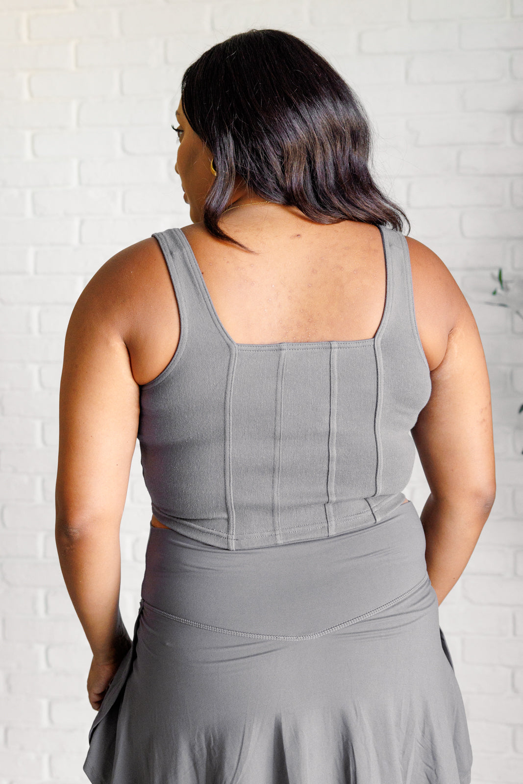 It's All About the Balance Twill Square Neck Crop Top in Titanium - Charming Charlie