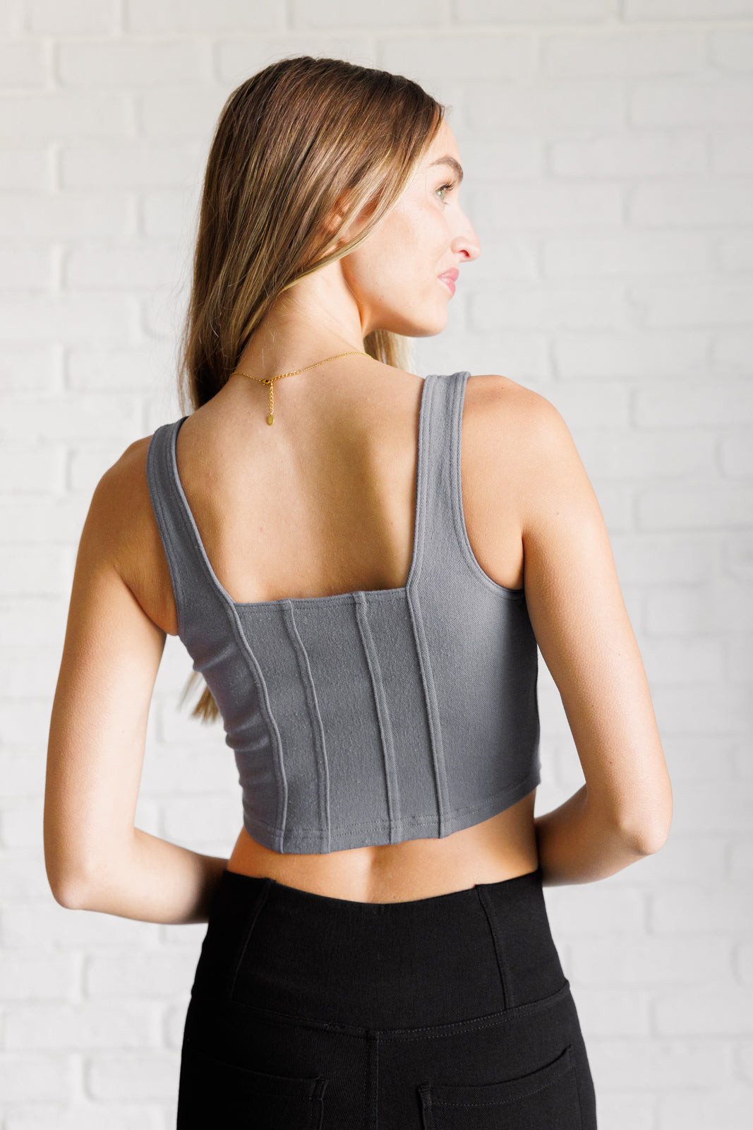 It's All About the Balance Twill Square Neck Crop Top in Titanium - Charming Charlie