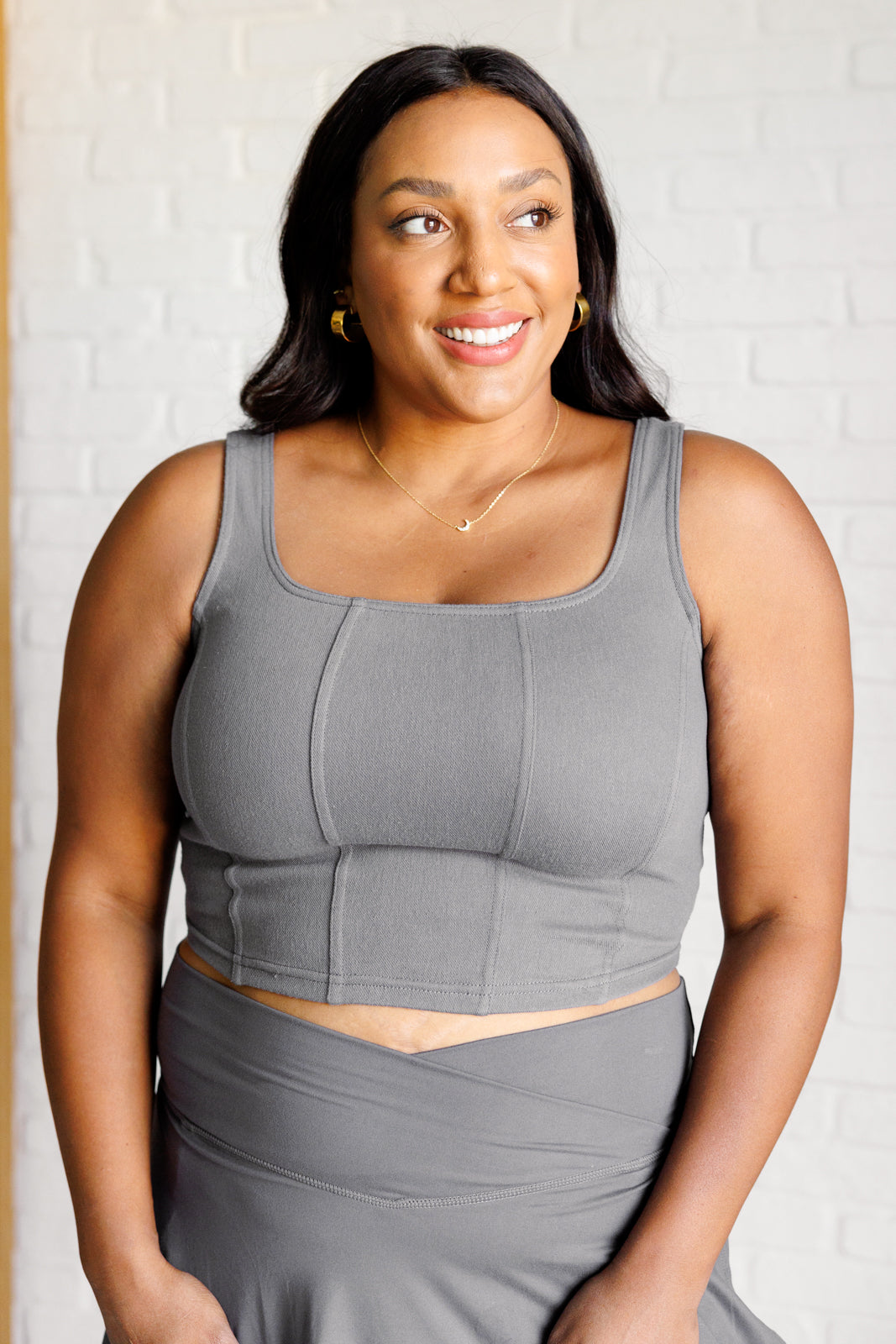 It's All About the Balance Twill Square Neck Crop Top in Titanium - Charming Charlie
