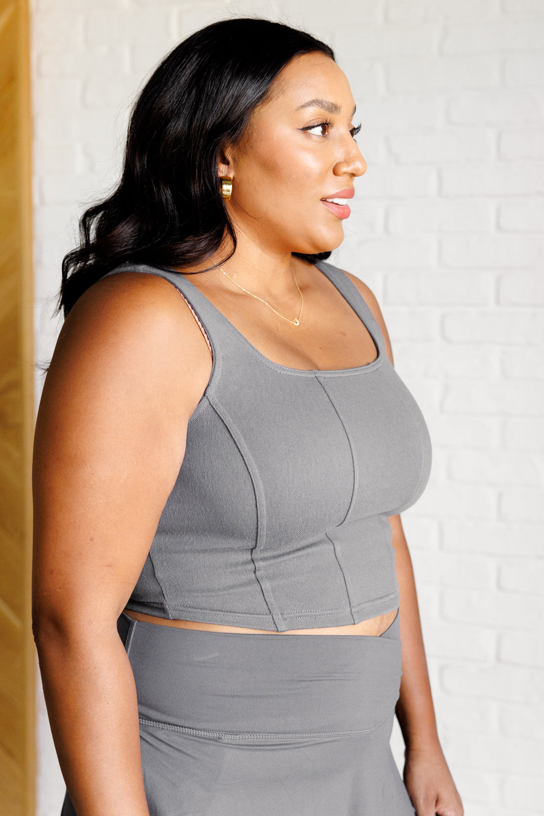 It's All About the Balance Twill Square Neck Crop Top in Titanium - Charming Charlie