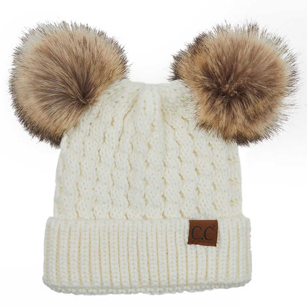Ivory C.C Double Pom Pom All Over Cable Knit Beanie Hat., Stay warm and cozy this winter. Expertly crafted from a premium cable knit fabric, this stylish beanie provides maximum insulation and breathability. Two pom poms on top add a touch of flair to your look. Perfect for chilly winter days, this is an ideal winter gift.