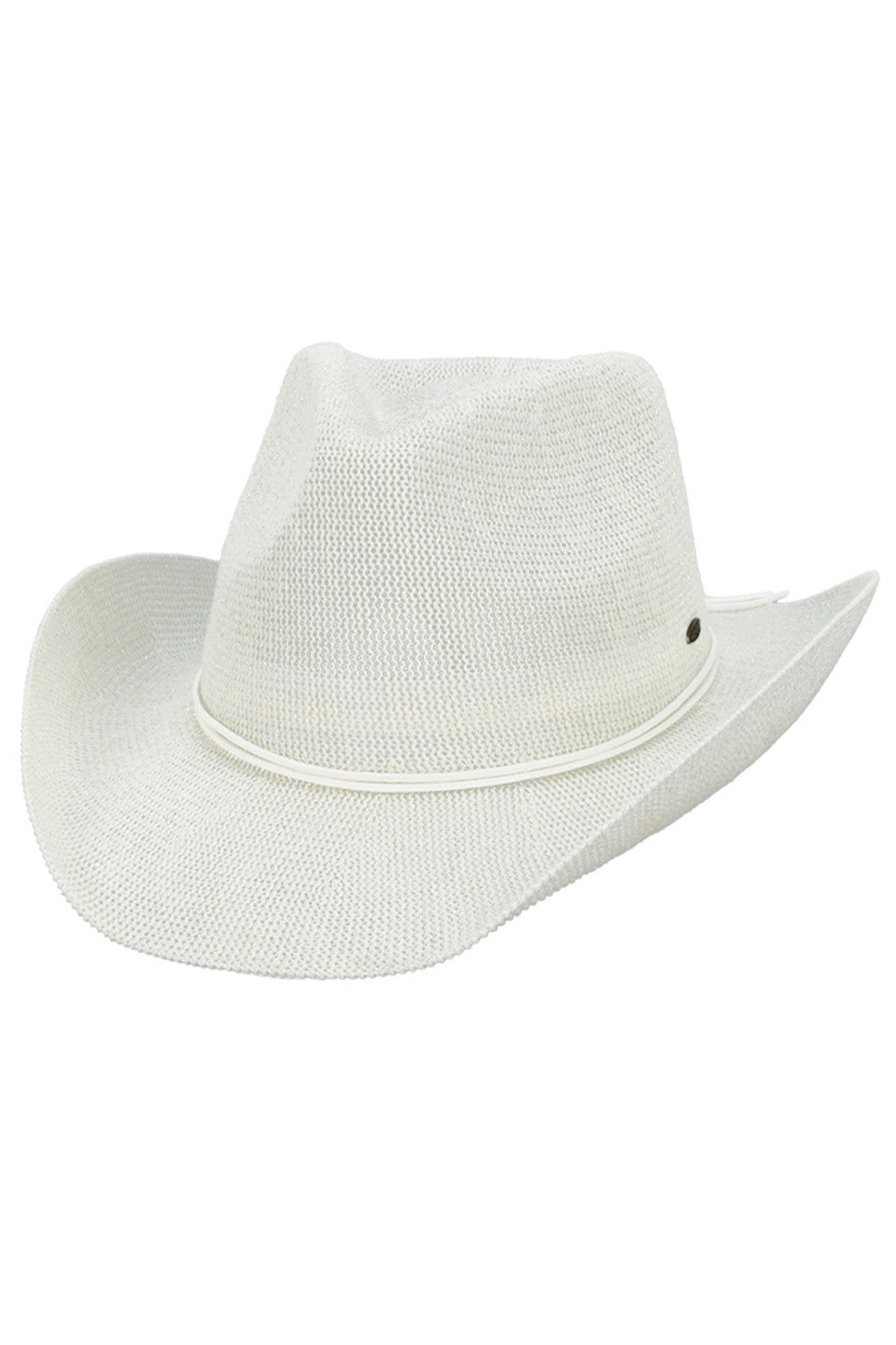 Ivory C.C Metallic Band Trim Cowboy Hat offers a stylish twist to the classic cowboy hat. With a metallic band trim, it adds a touch of glamour to any outfit. Made with quality materials, it provides both fashion and functionality, making it a must-have accessory for any fashion-forward individual. Elevate your western look with this trendy cowboy hat.