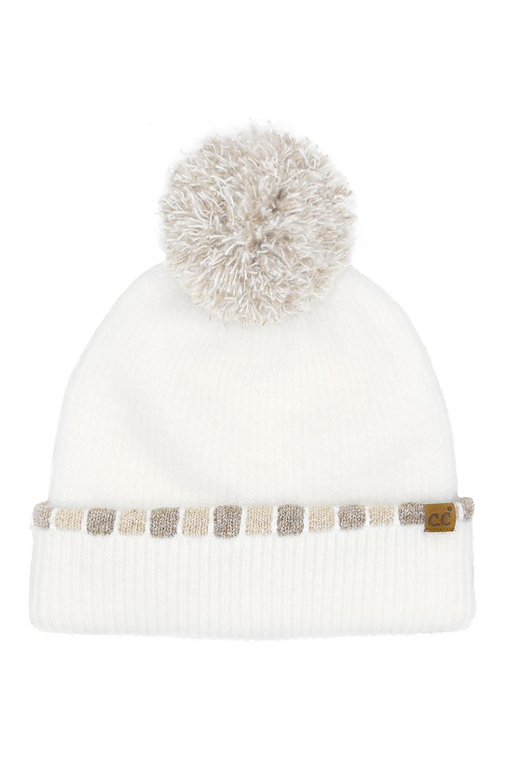 Ivory Wrap yourself in cozy chic with the C.C Neutral Horizontal Stripe Pom Beanie. Its stylish cuffed design and charming pom detail add a playful touch to any outfit. Perfect for brisk days out or cozy nights in, this beanie is a must-have accessory for the modern woman on the go. Elevate your winter wardrobe or gift it to a fashion-forward friend. Stay warm, stay fabulous!