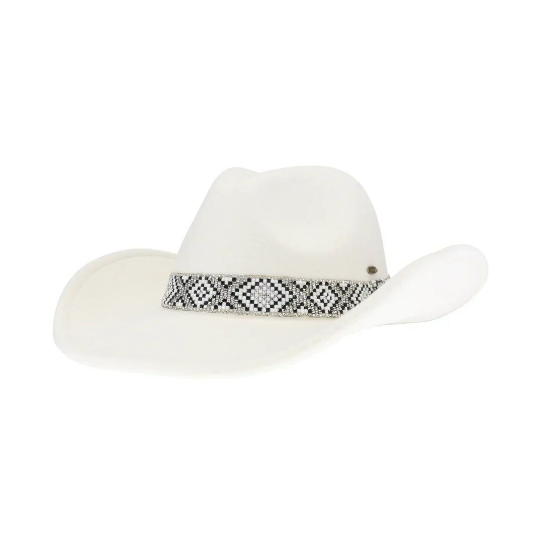 Ivory-C.C Aztec Beads Trim Vegan Cowboy Hat is the perfect combination of fashion and functionality. Made with high-quality vegan materials, it features a stylish Aztec beads trim that adds a touch of sophistication to any outfit. Protect yourself from the sun while looking effortlessly chic.