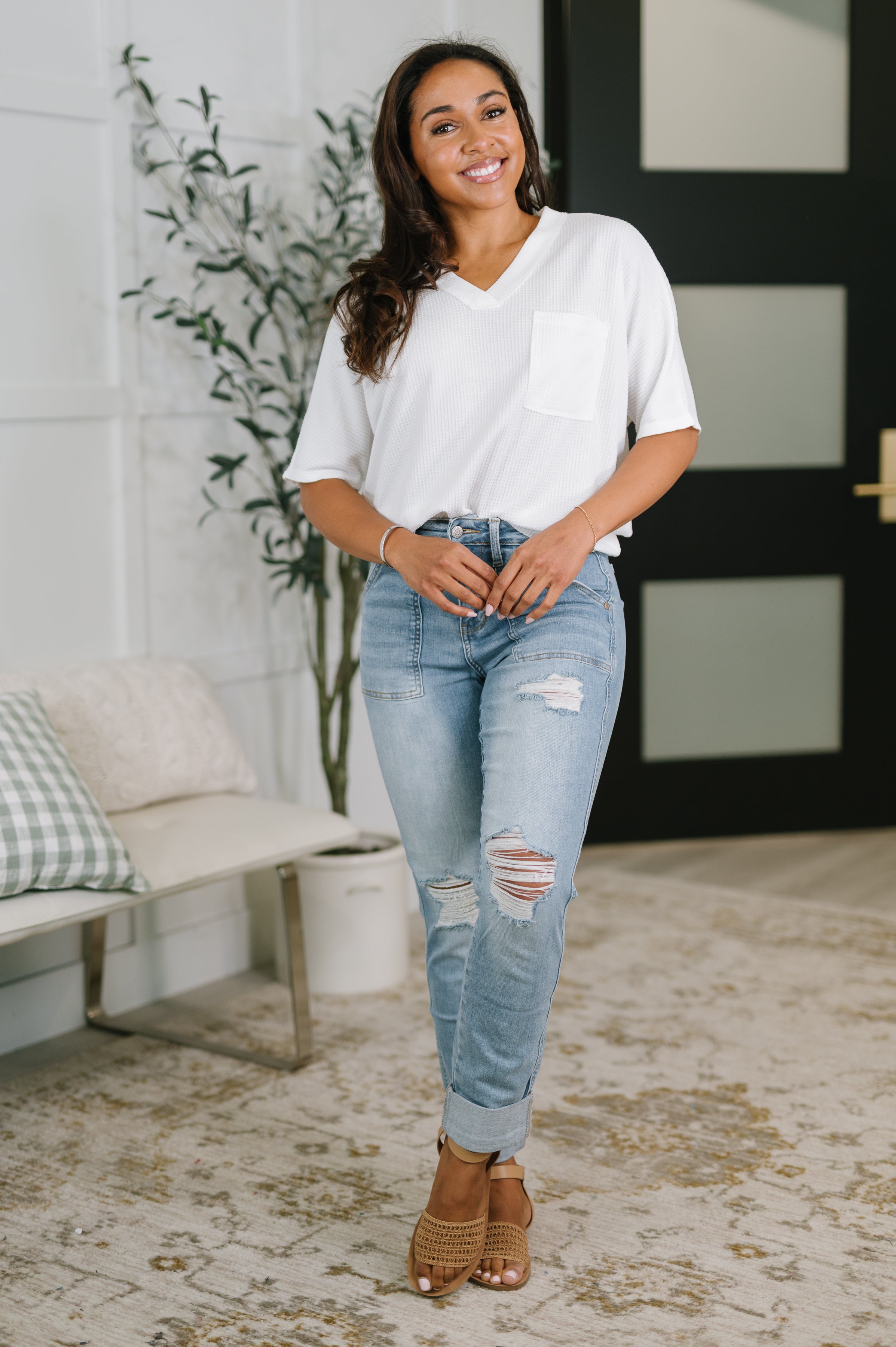 Aiden High Rise Patch Pocket Distressed Boyfriend Jeans - Charming Charlie