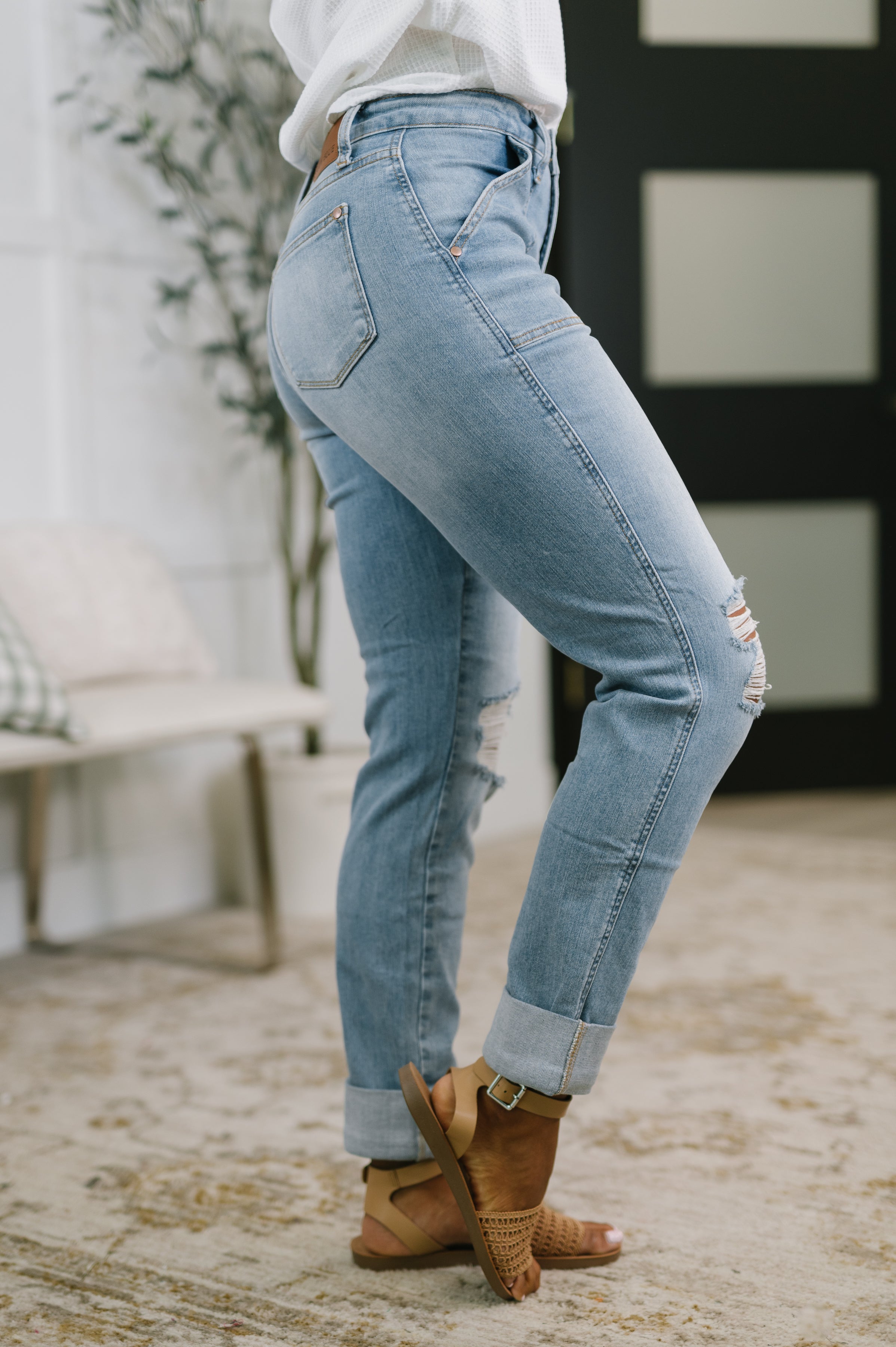 Aiden High Rise Patch Pocket Distressed Boyfriend Jeans - Charming Charlie