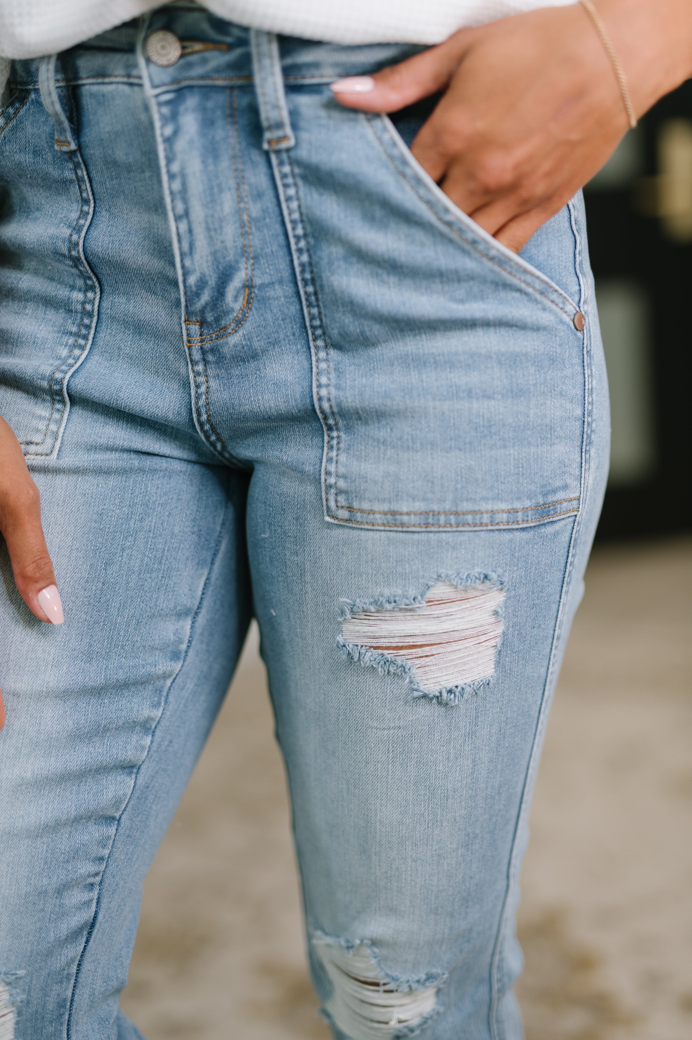 Aiden High Rise Patch Pocket Distressed Boyfriend Jeans - Charming Charlie