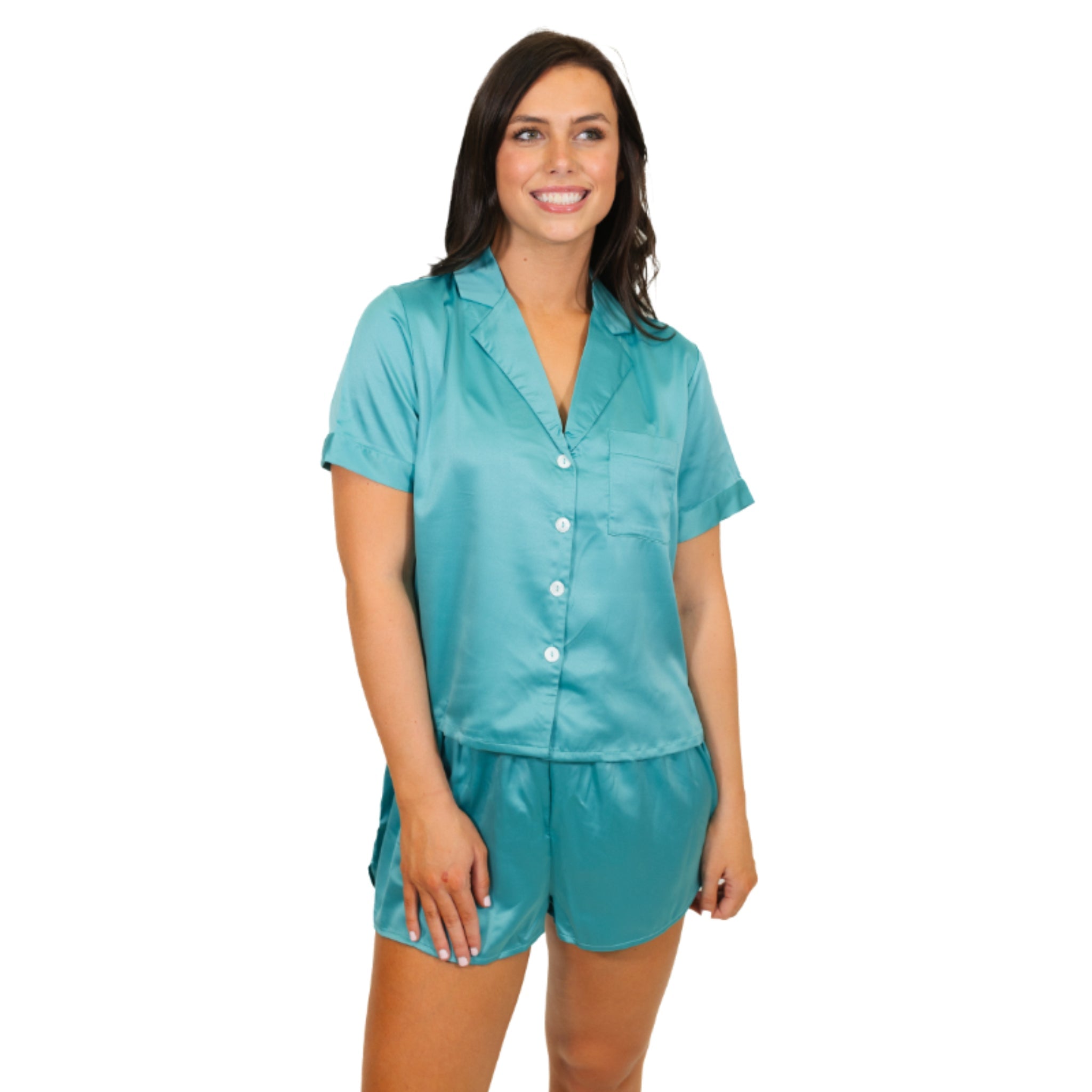 Here's the Deal, Teal Satin Pajama Short Set - Charming Charlie