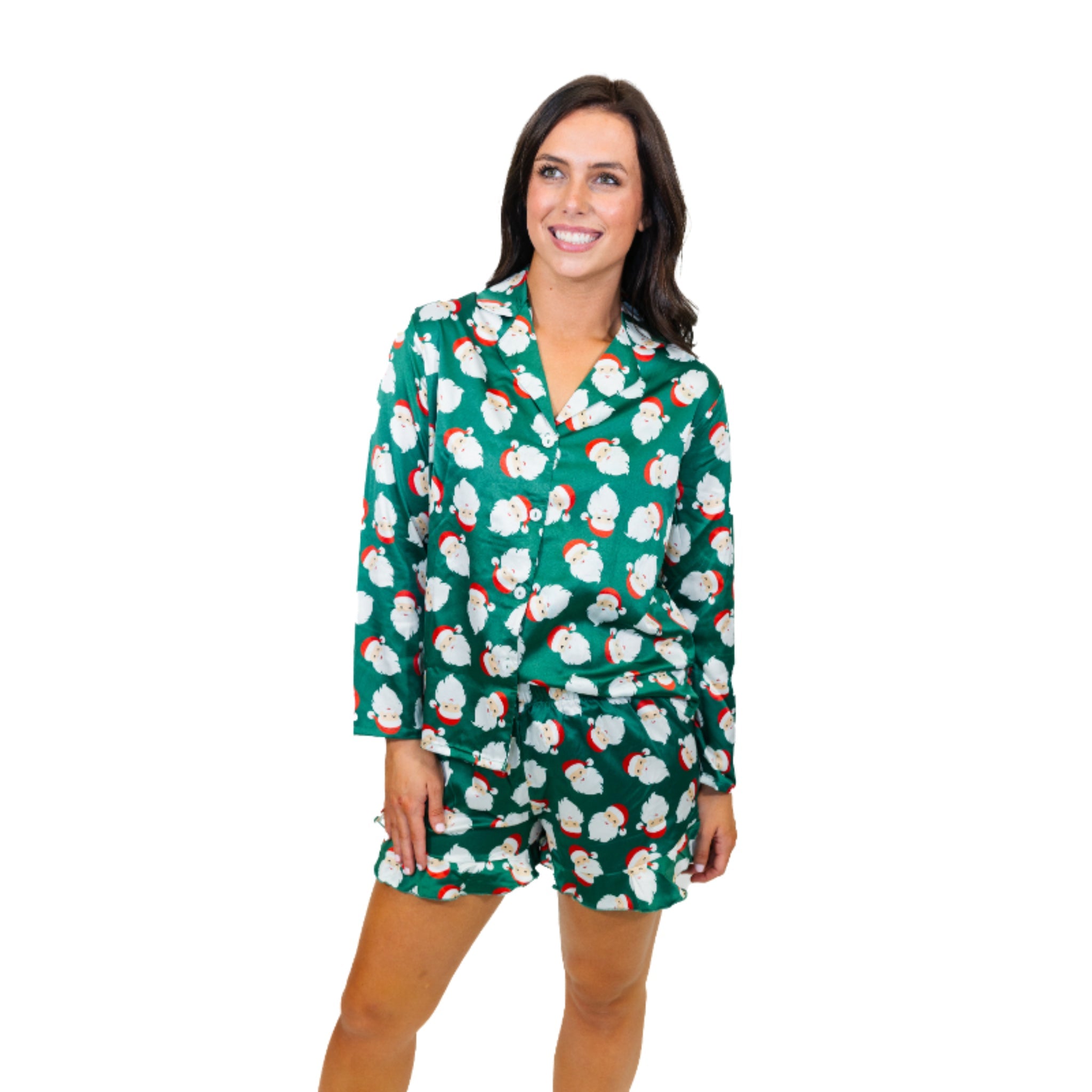 Good Tidings Satin Pajama Long Sleeve Short Set - Charming Charlie