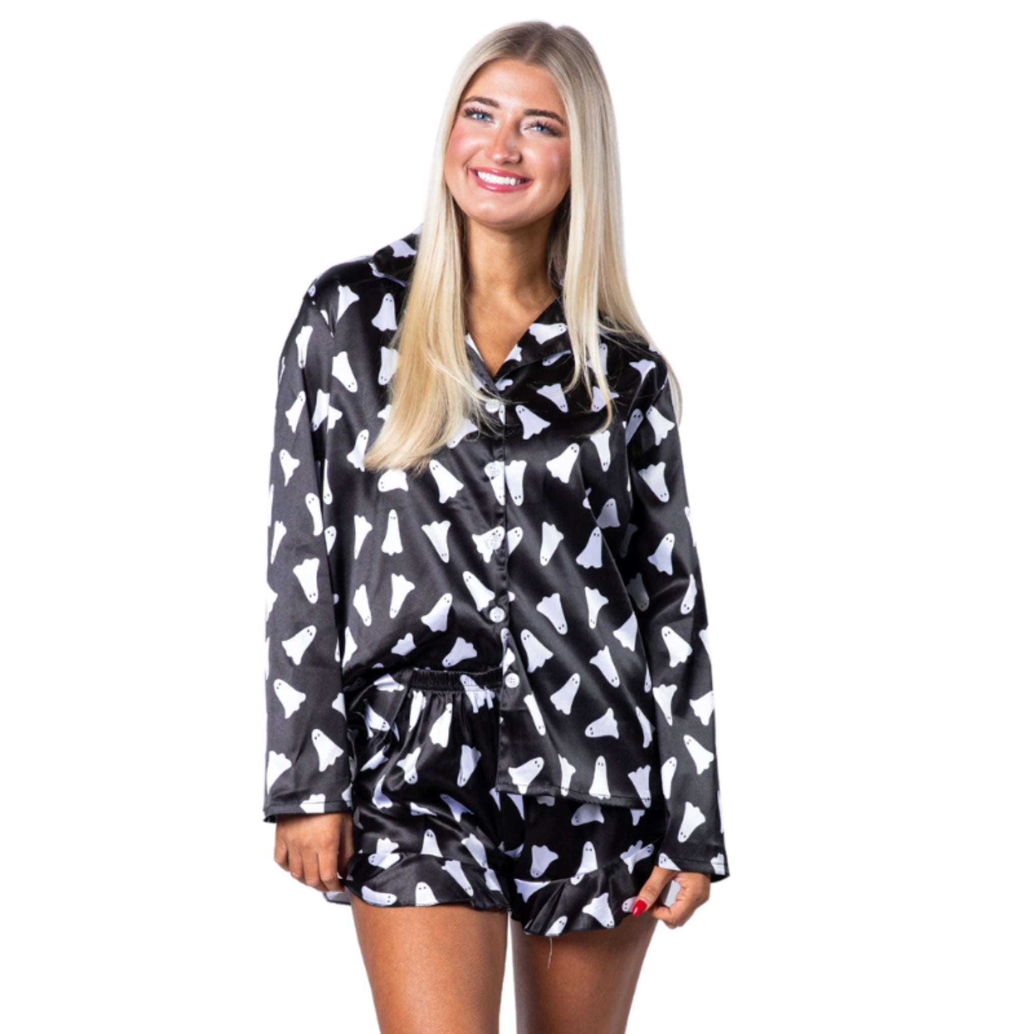 Boo! Satin Pajama Long Sleeve Short Set - Charming Charlie