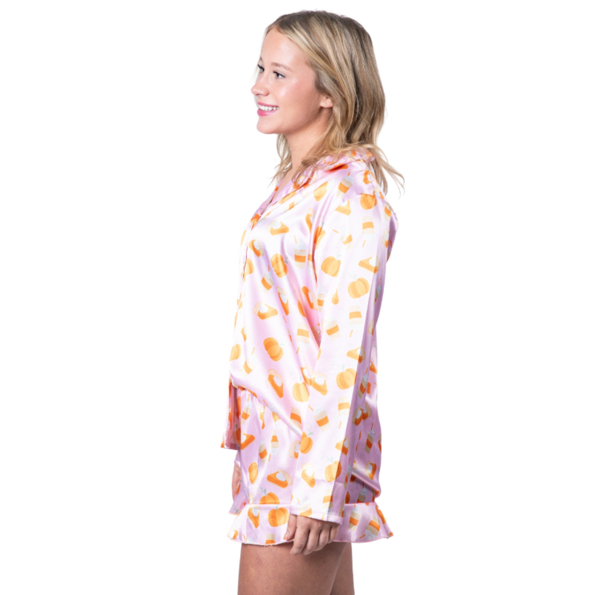 Pumpkin Pie Satin Pajama Long Sleeve Short Set - Charming Charlie