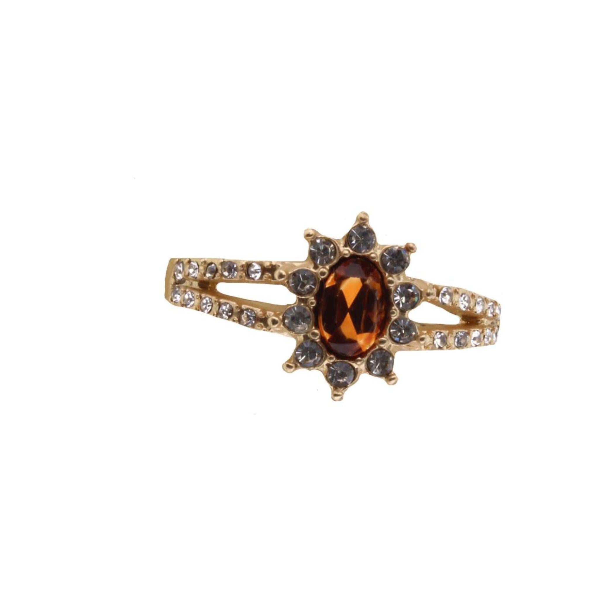 Gold Band with Topaz Crystal Surrounded by Clear Crystals Ring