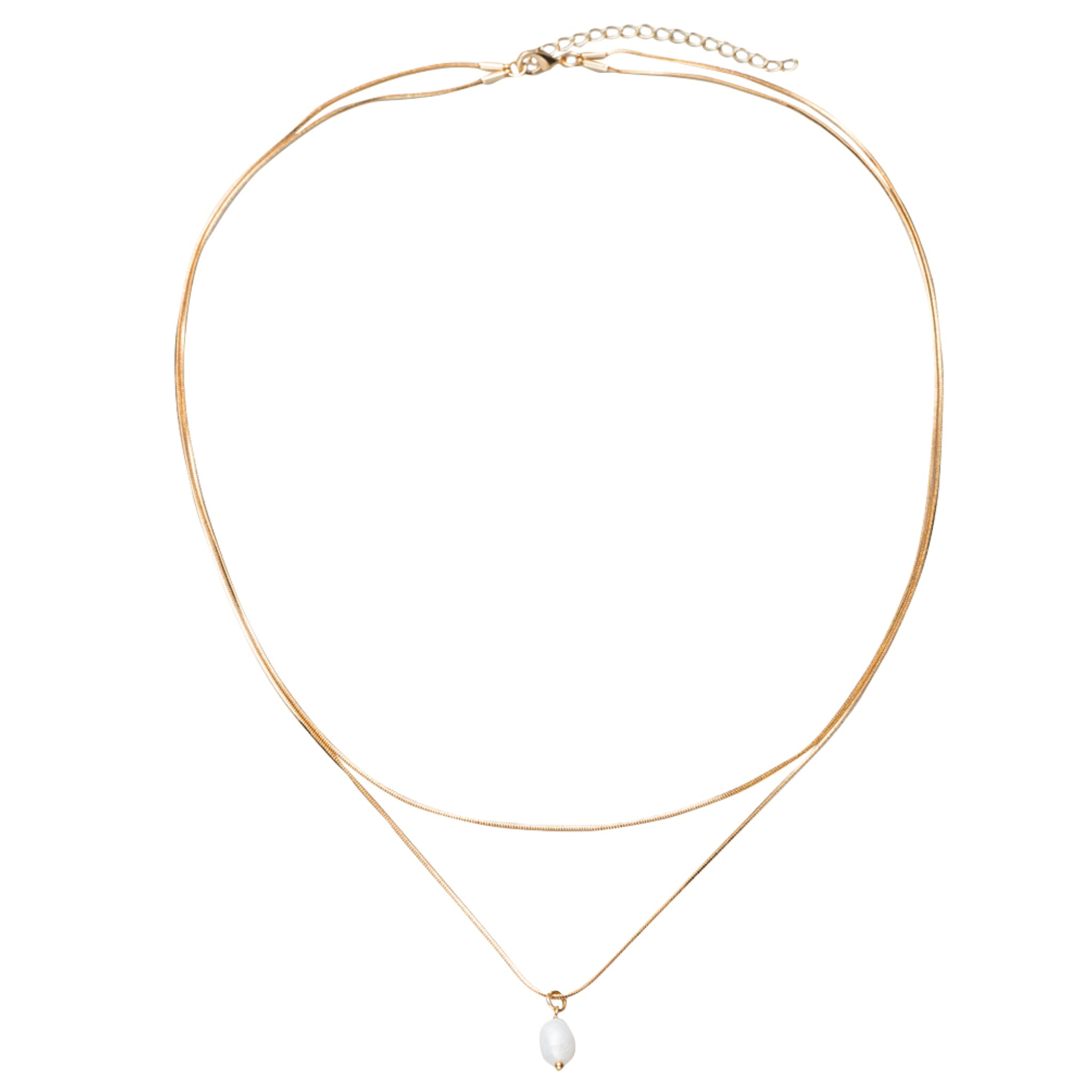 Gold Snake Chain 2 Layer Necklace with Single Pearl