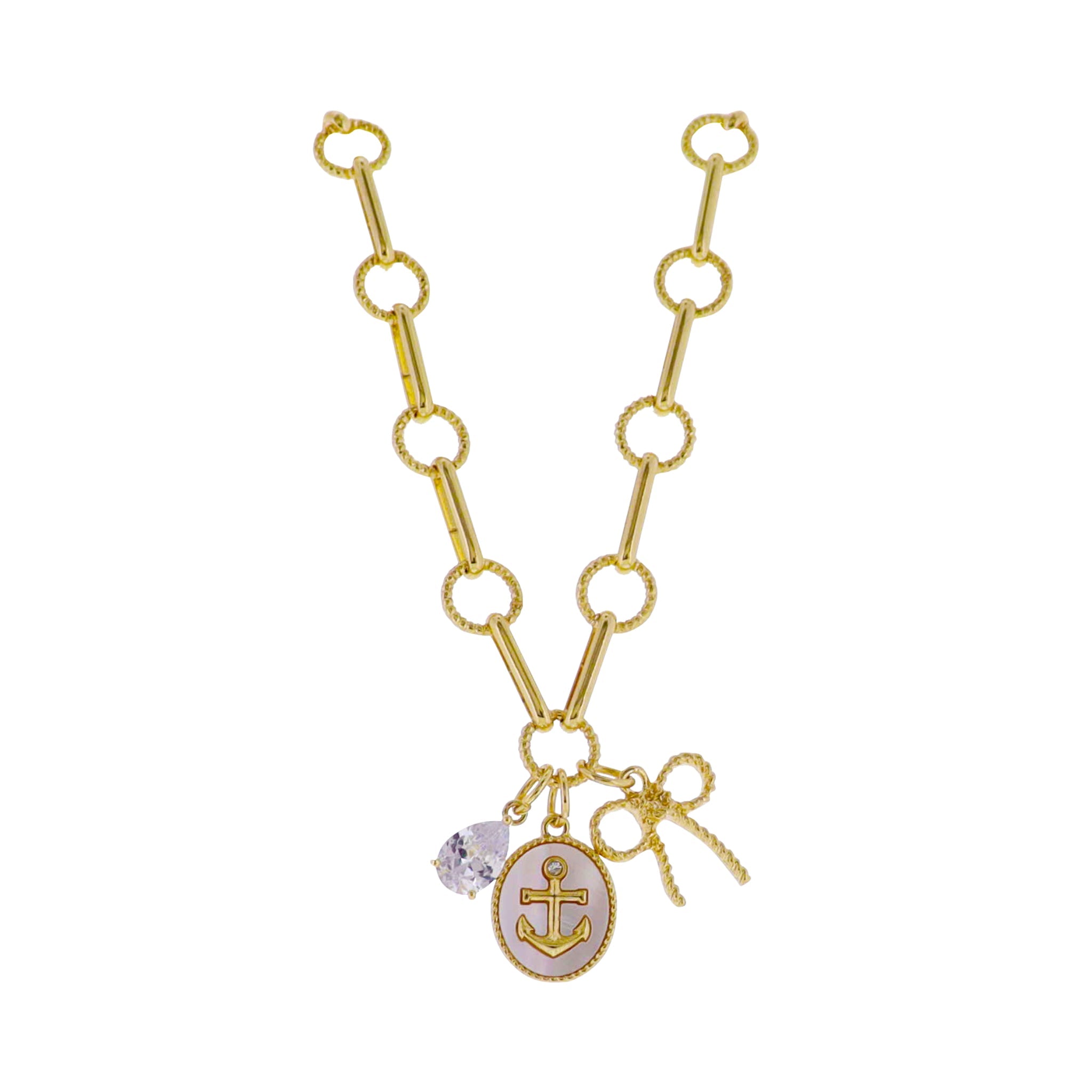 18k Gold Plated Round Disk, Oval Link Chain Necklace with Bow, Anchor, Crystal Teardrop