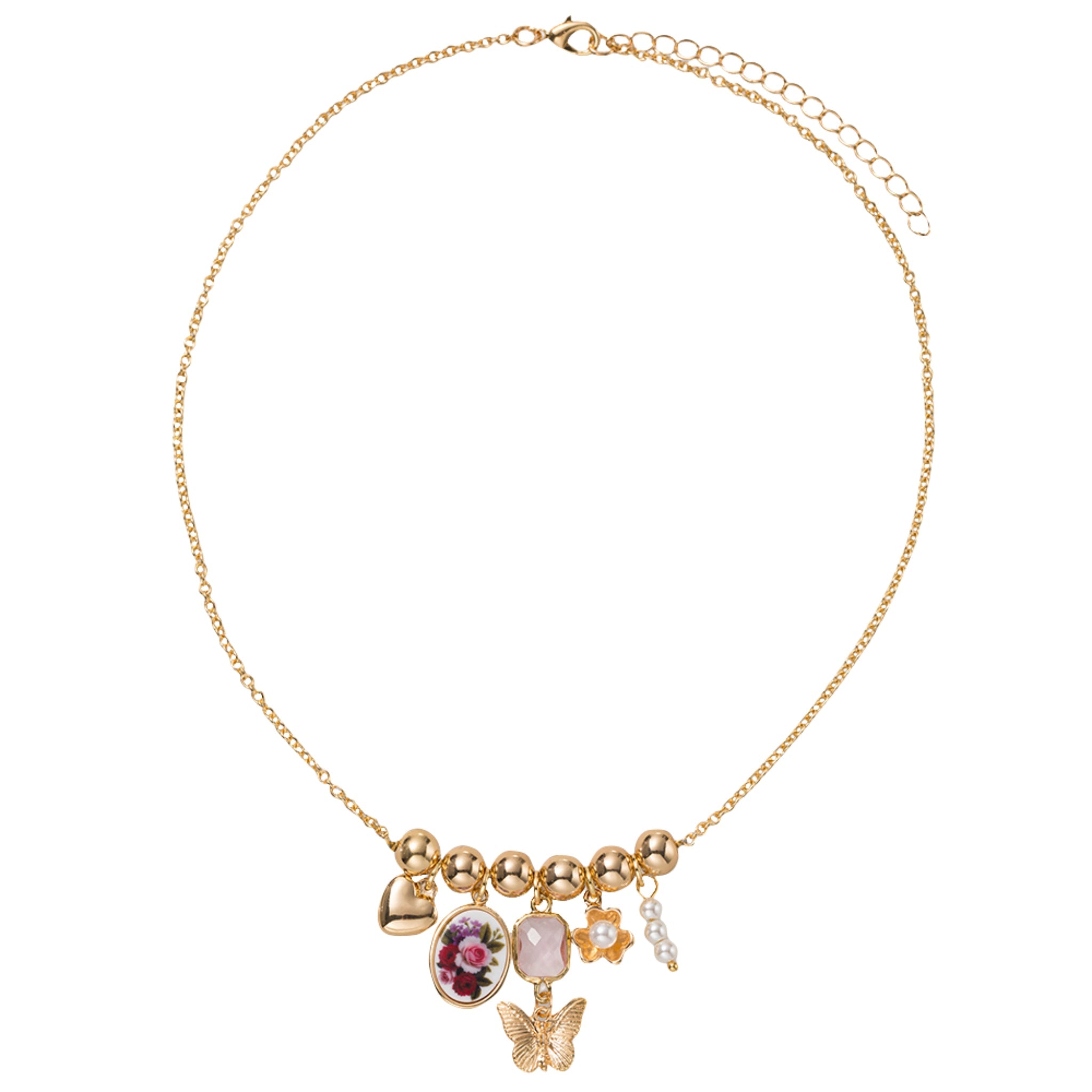 Gold Bead Bar with Heart, Floral Oval, Butterfly, Flower Charms O Chain Necklace