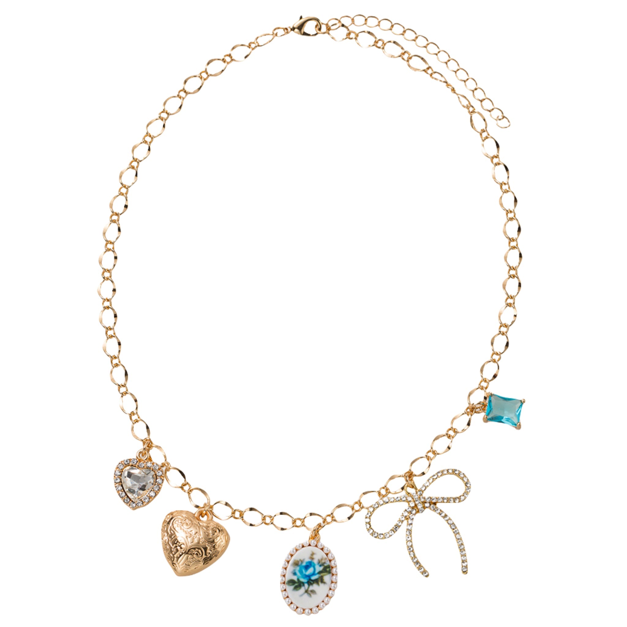 Blue Crystal, Crystal Bow, Blue Floral Oval, Heart Charms Wave Texture Necklace