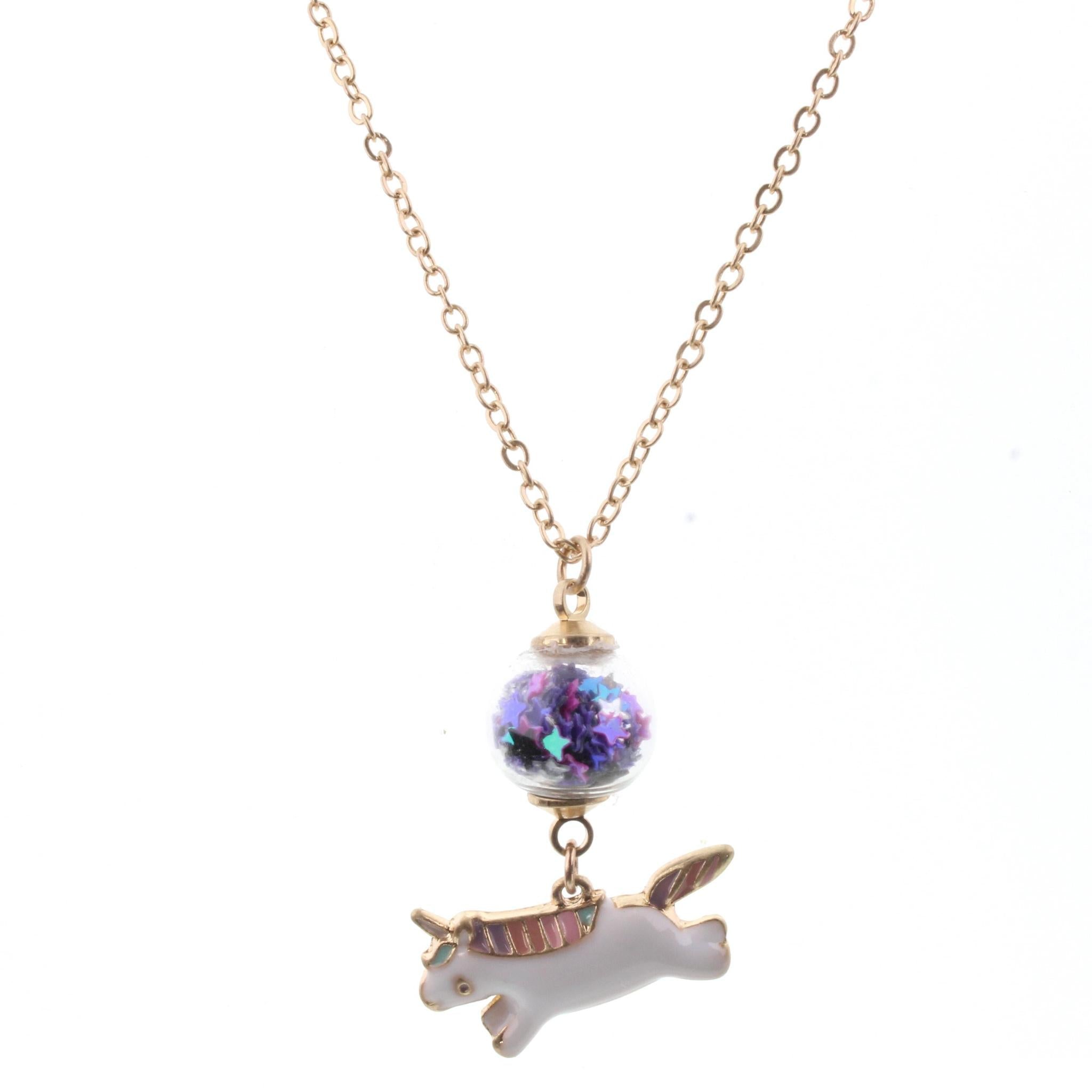 16" Kids Chain Necklace with Purple Confetti Ball Unicorn, 3" Ext
