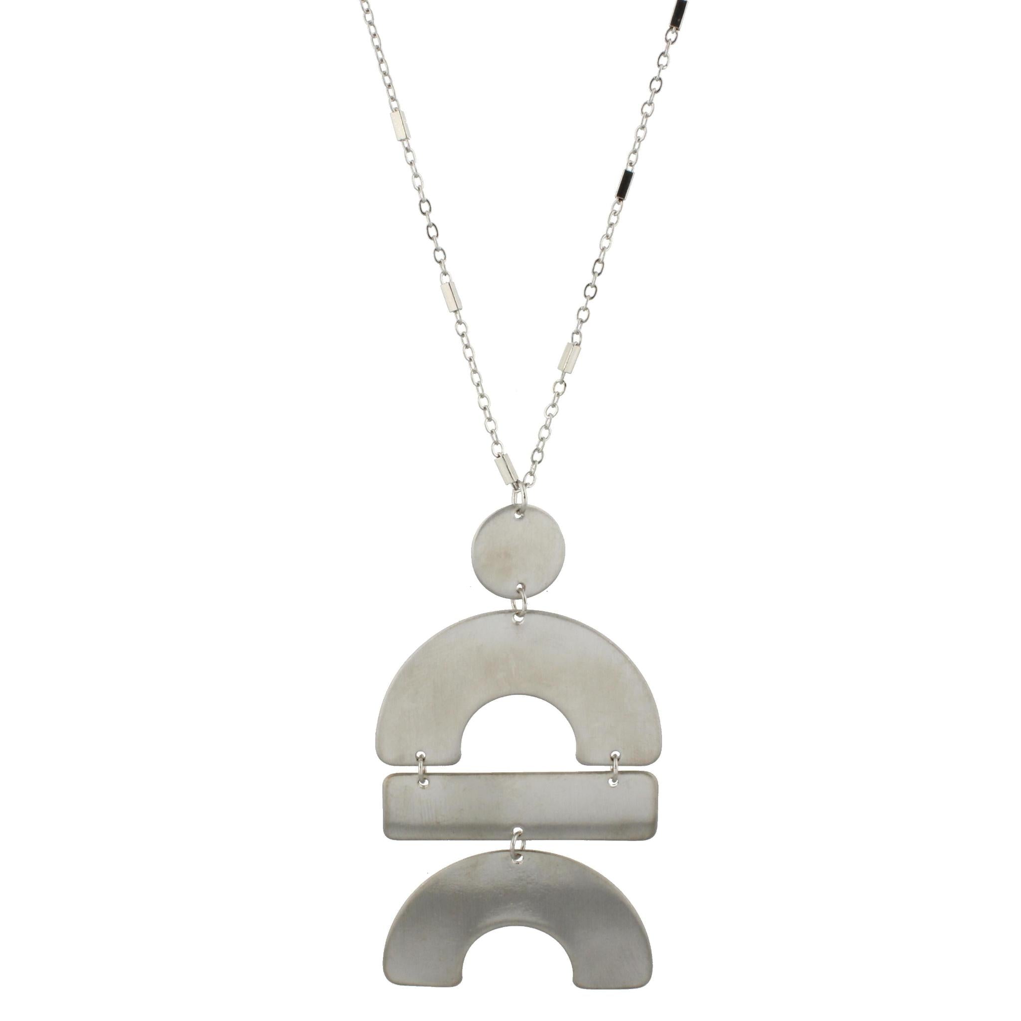 24" Adjustable Necklace with Two Sided, Brushed and Shiny, Silver Half Circle, Rectangle, Half Circle
