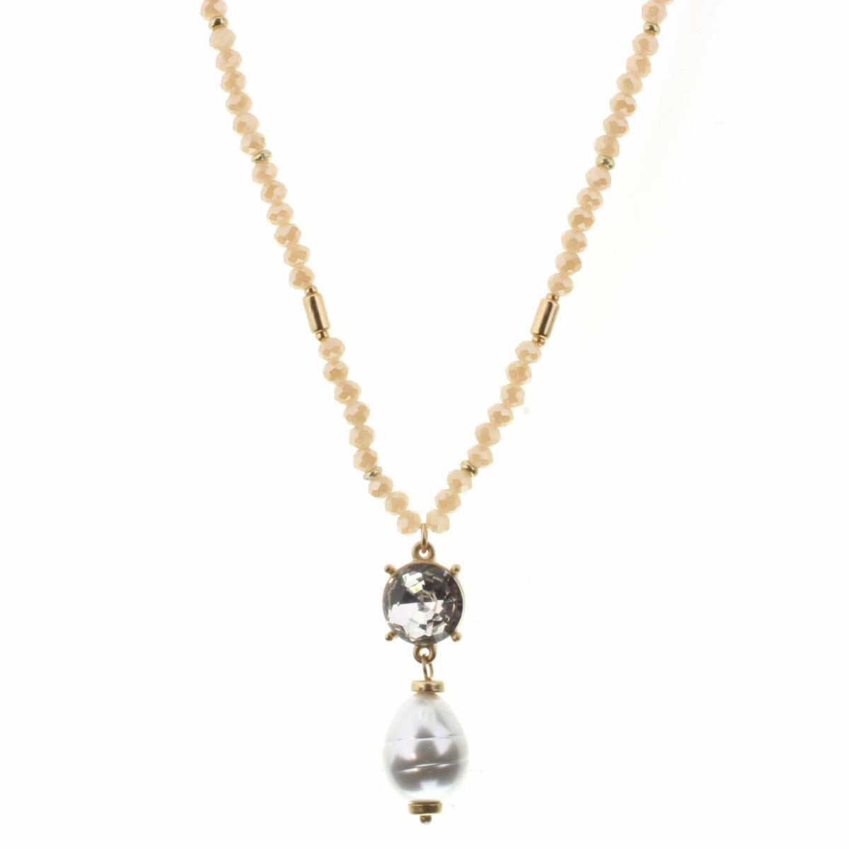 30" Clear Stone with Pearl Drop on Champagne Body Necklace, 2" Ext