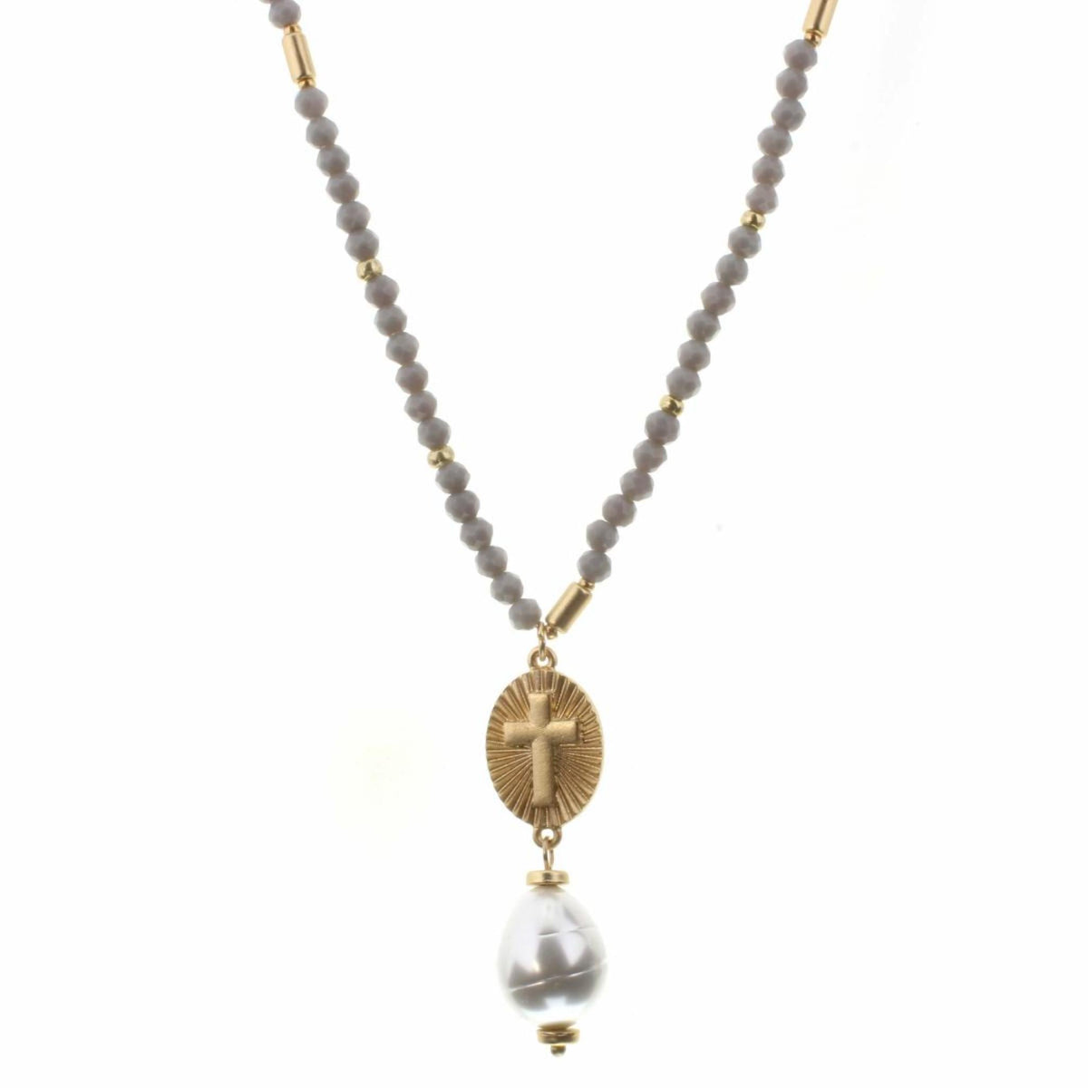 30" Gold Cross with Pearl Drop on Grey Body Necklace, 2" Ext