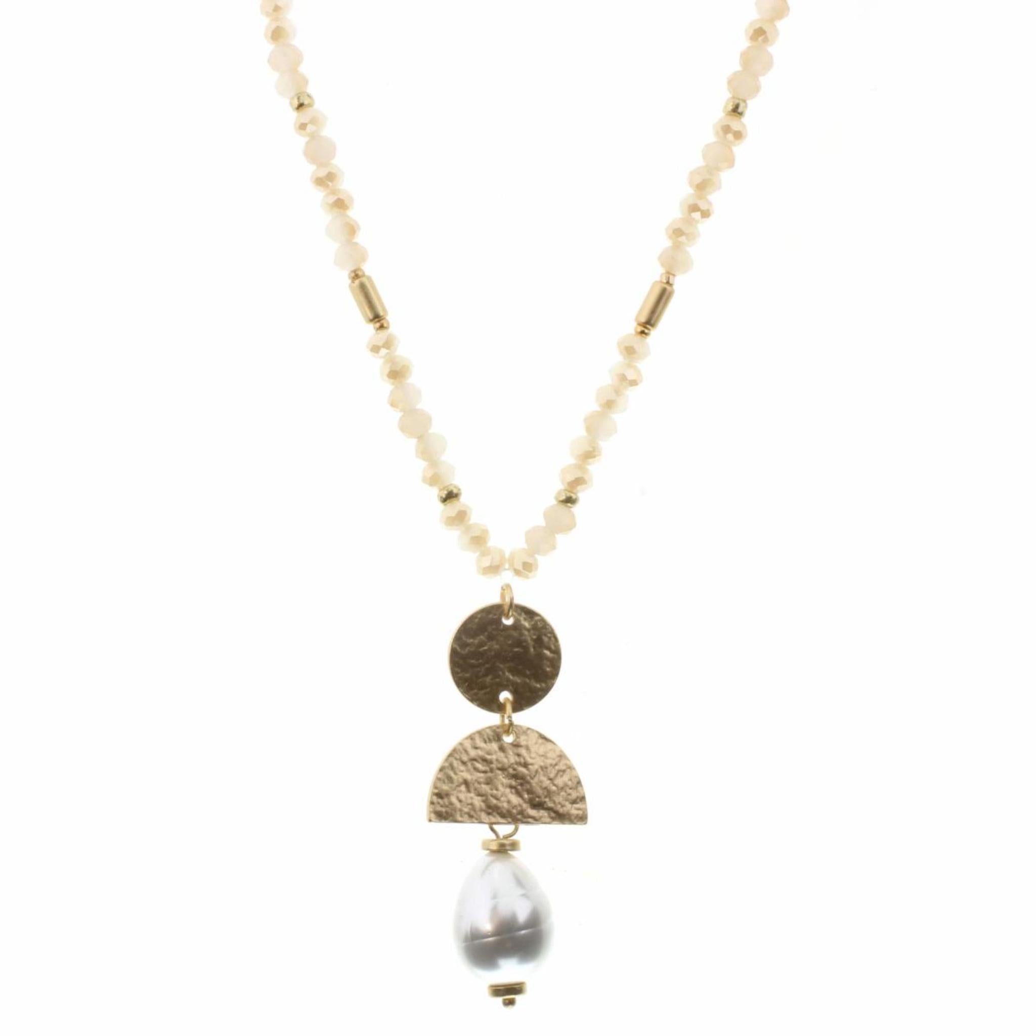 30" Gold Hammered Circle and Arch with Pearl Drop on Rose Body Necklace, 2" Ext