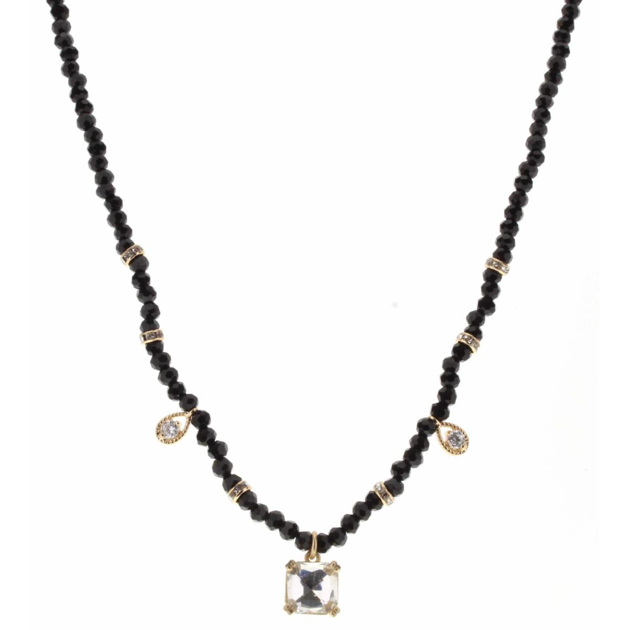 16" Jet Body with Teardrop and Clear Crystal Square Charm Necklace, 3" Ext