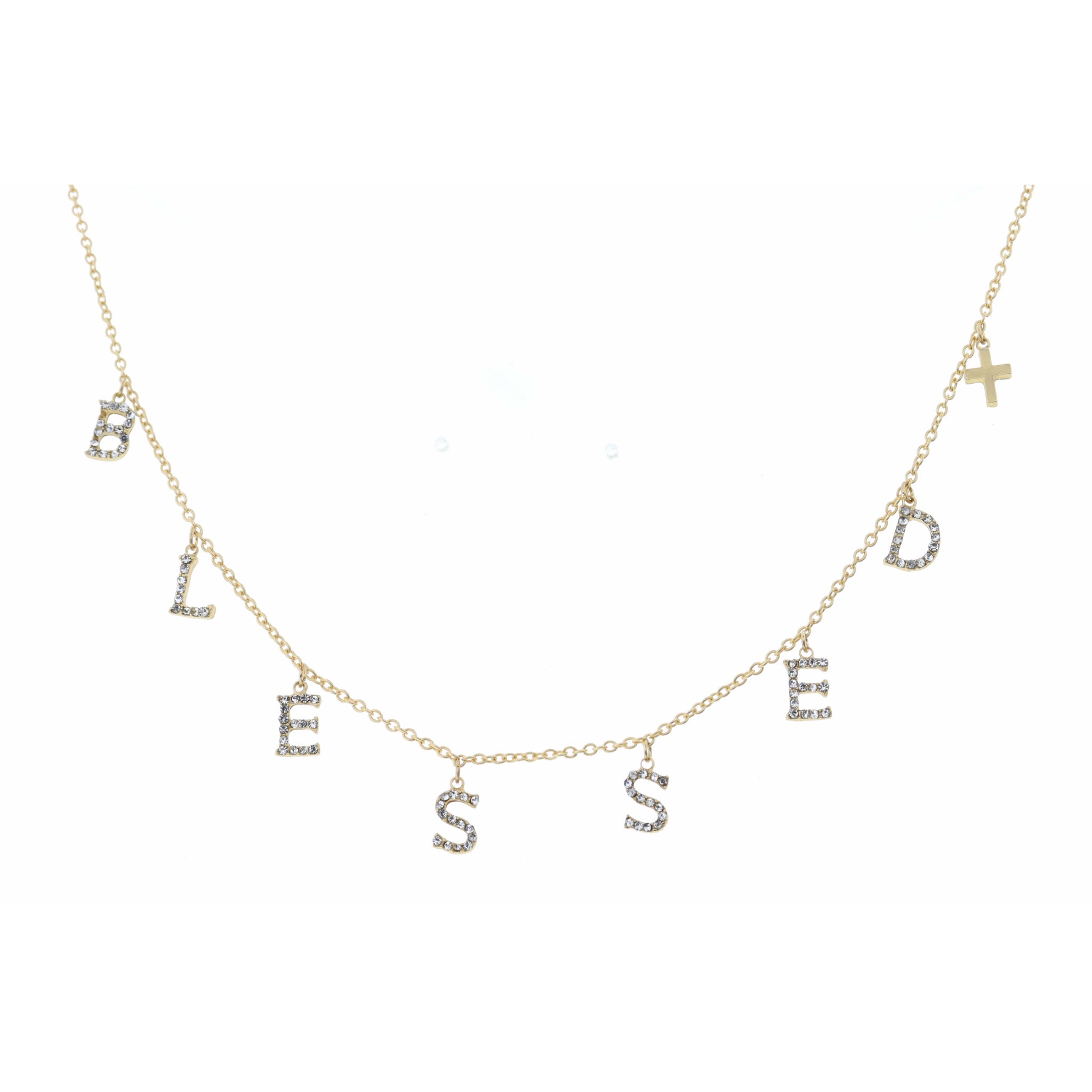 16" Clear Crystal Blessed with Gold Cross Necklace, 3" Ext