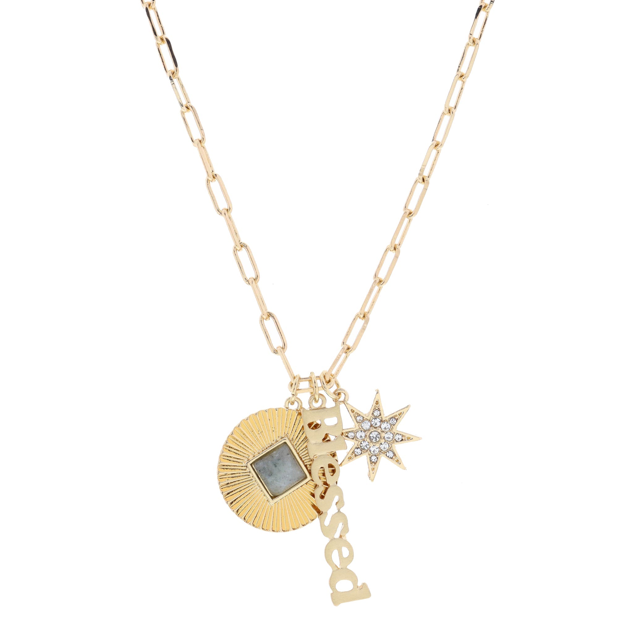 16" Blessed, Circle, & Starburst Necklace, 1.25", 1", .75" Pendant