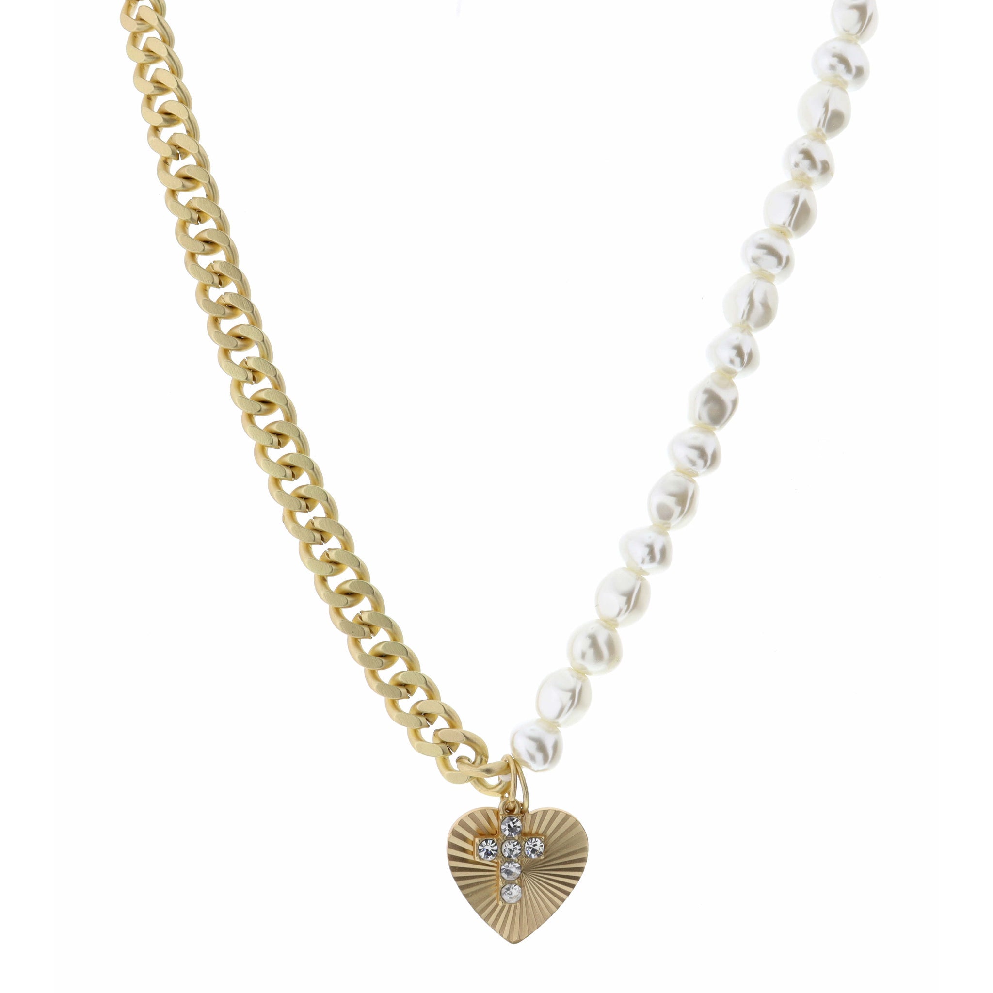 16" Chain & Pearl with Textured Heart & Crystal Cross Necklace, 3" Ext
