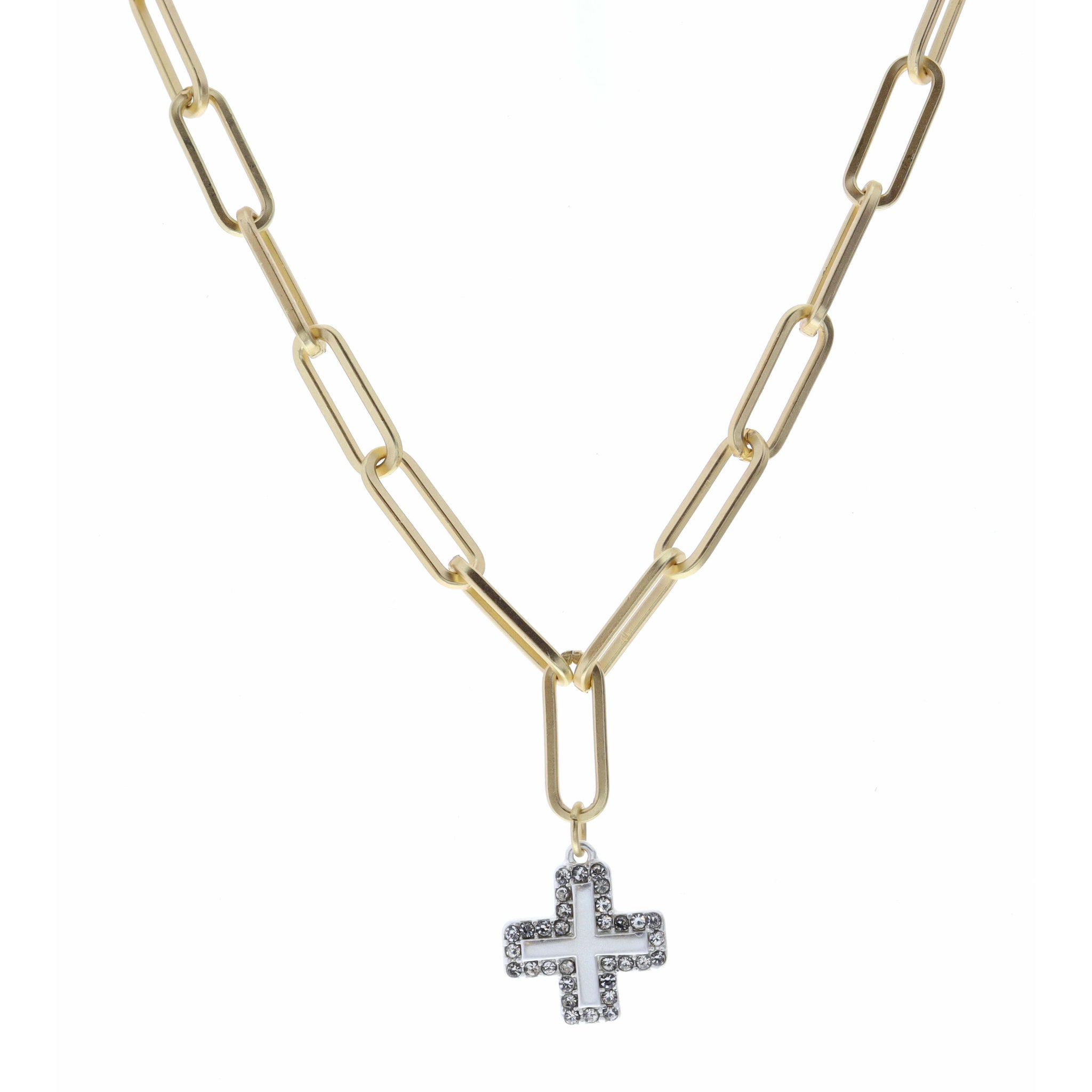 16" Silver Cross with Crystal Outline Necklace, 3" Ext