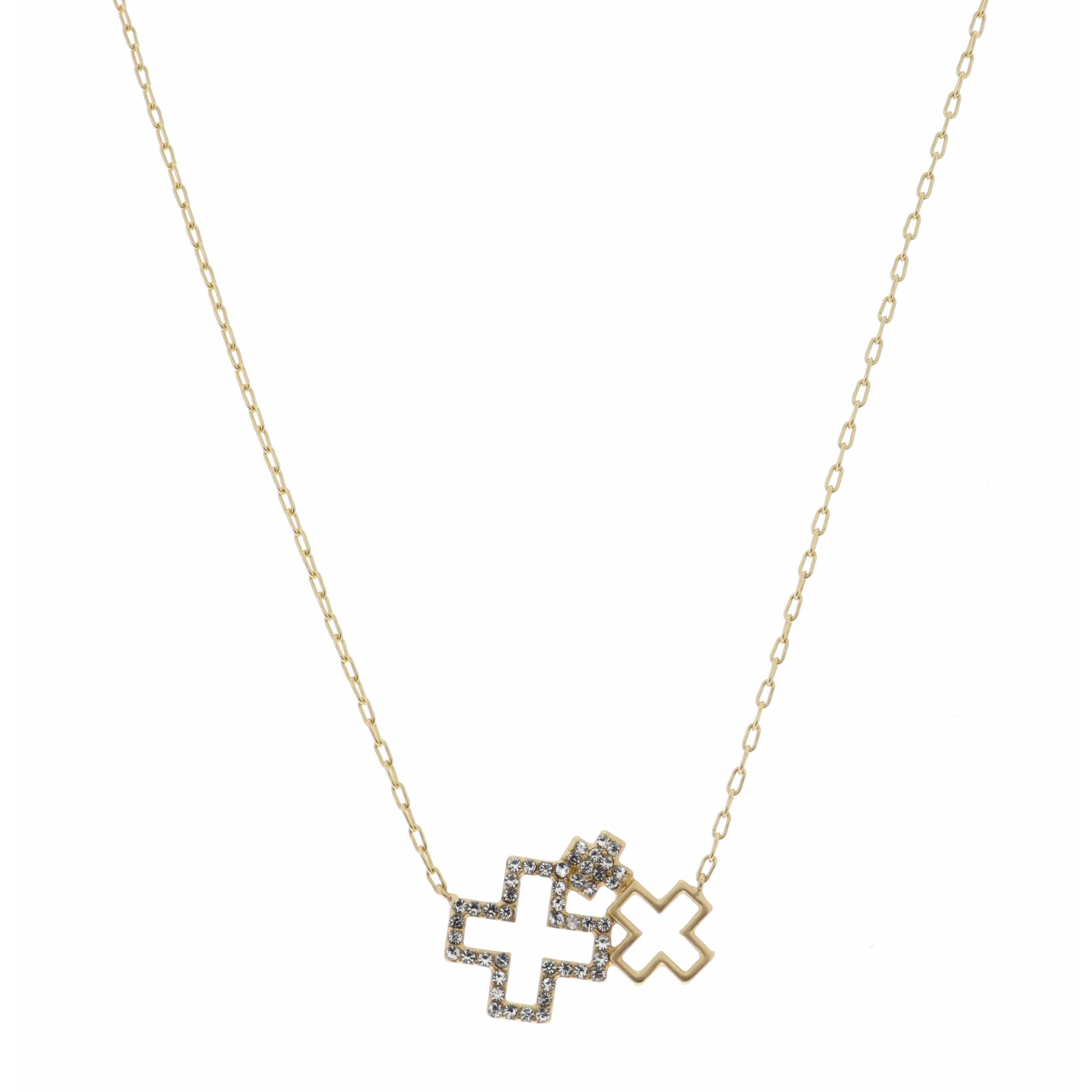 16" Gold, Open Cross, Small and Crystal Crosses Necklace, 3" Ext