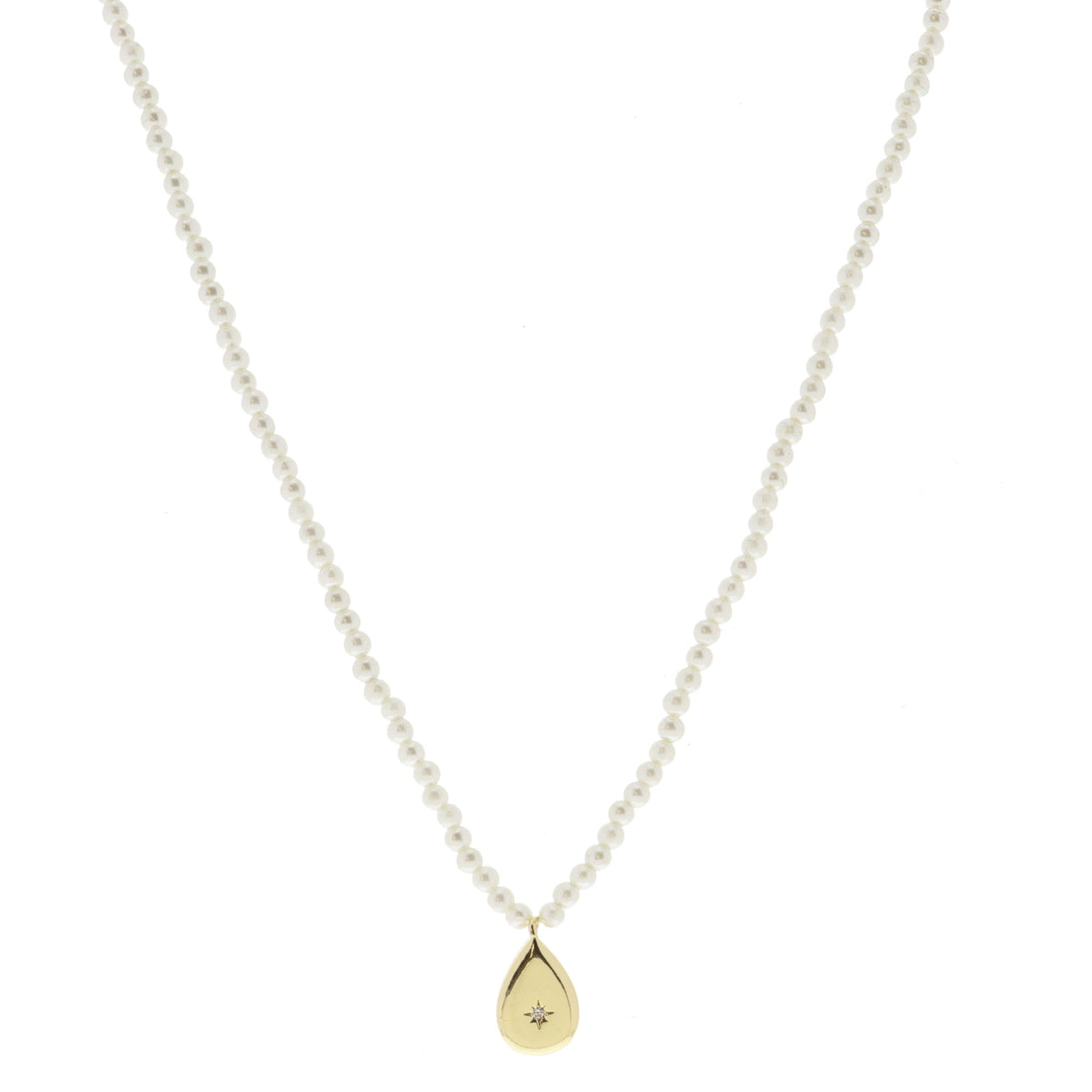 Pearl Beaded and Gold Teardrop with Center Crystal Necklace