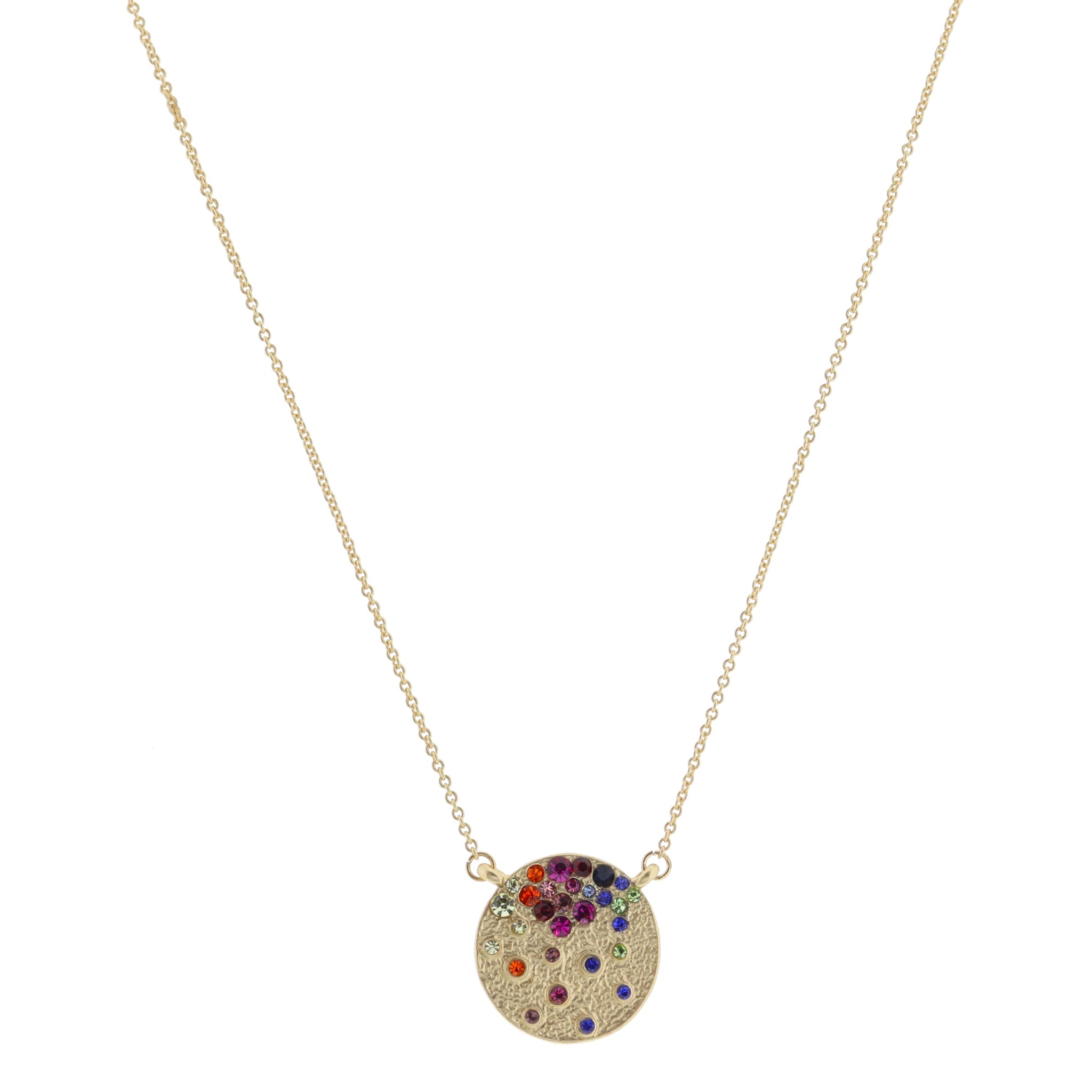 Gold Textured Disc with Trickling Multi Crystals Necklace
