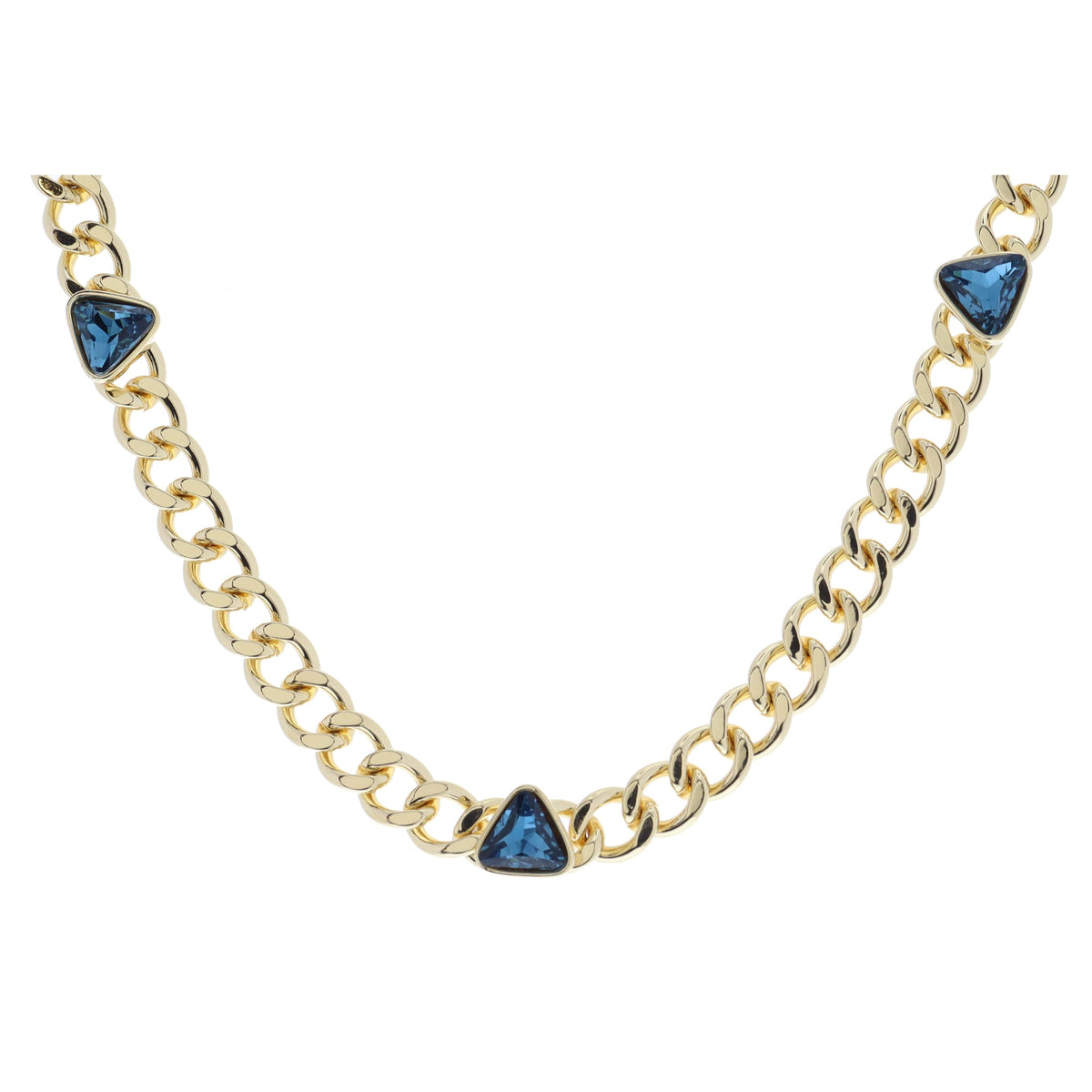 Shiny Gold Curb Chain with Triangular Teal Crystal Bezel Stations Necklace