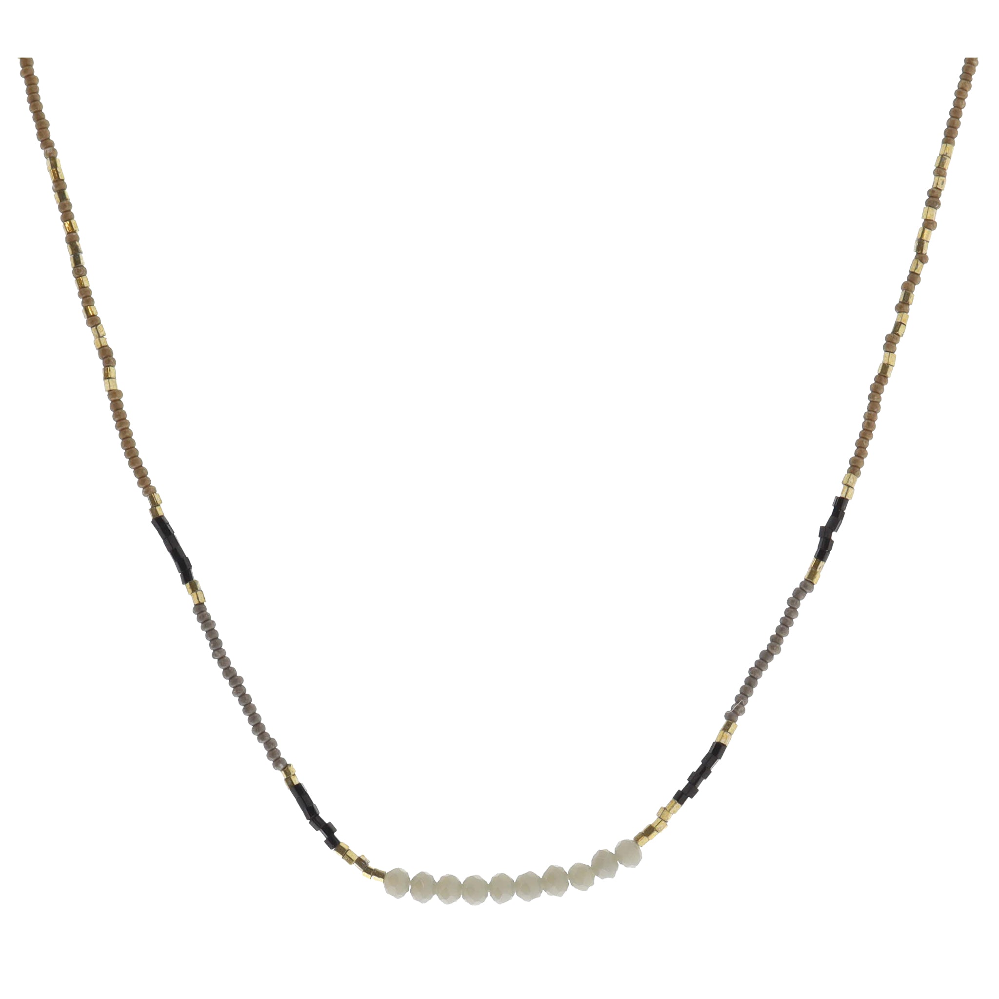 Taupe, Gold, Grey, Black Beaded with Grey Faceted Beaded Portion Necklace