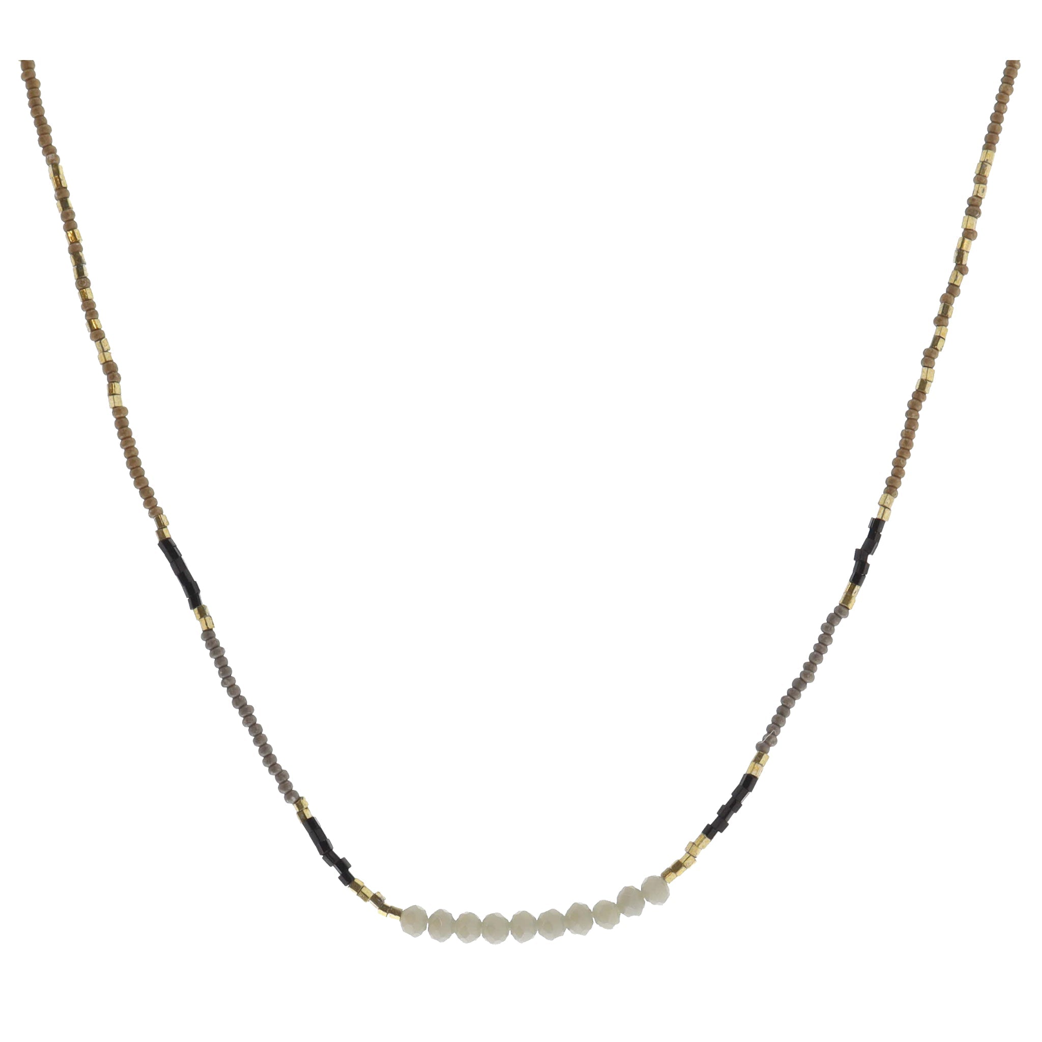 Taupe, Gold, Grey, Black Beaded with Grey Faceted Beaded Portion Necklace