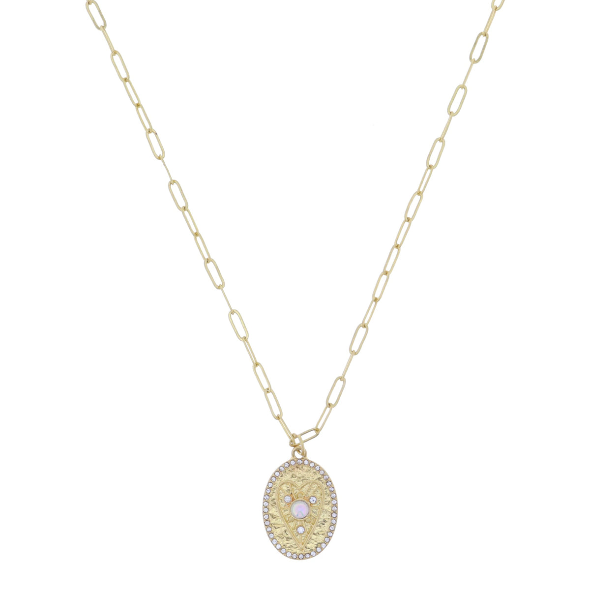 Gold Textured Oval Disc with AB Opalite Center Heart with Mini Clear Crystal Edge Necklace