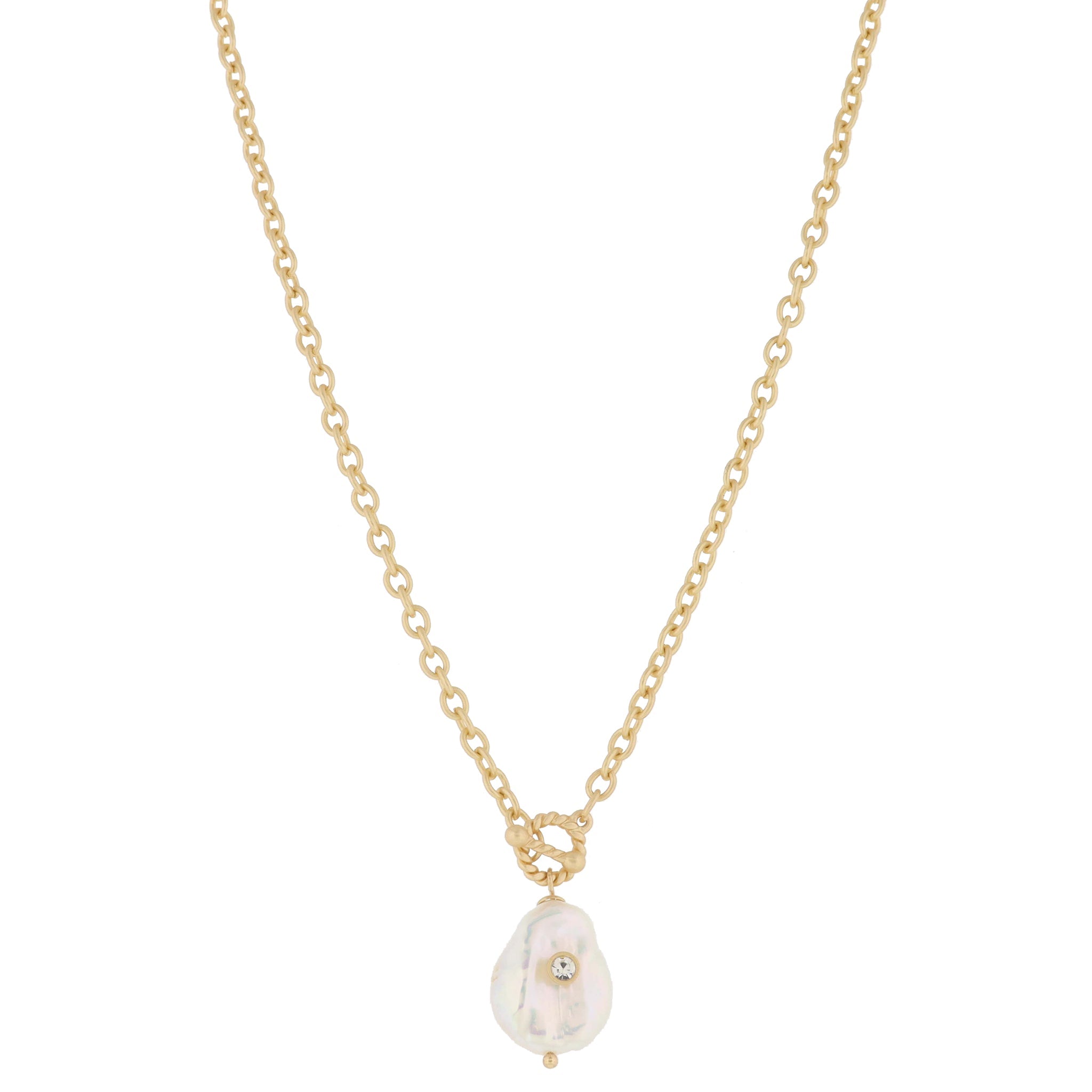 Mini Gold Twist Toggle and Natural Teardrop Coin Pearl with Clear Crystal, Necklace, .85" Penant