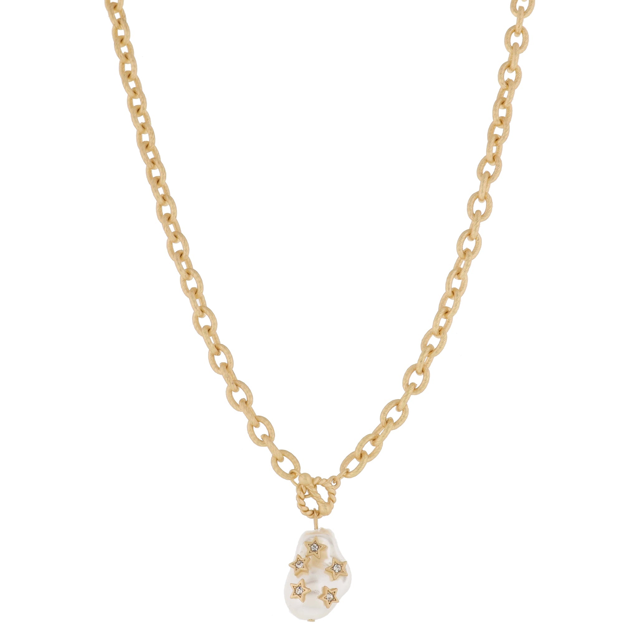 Mini Gold Twist Toggle & Natural Baroque Pearl with Gold & Crystal Stars Necklace, .85" Penant