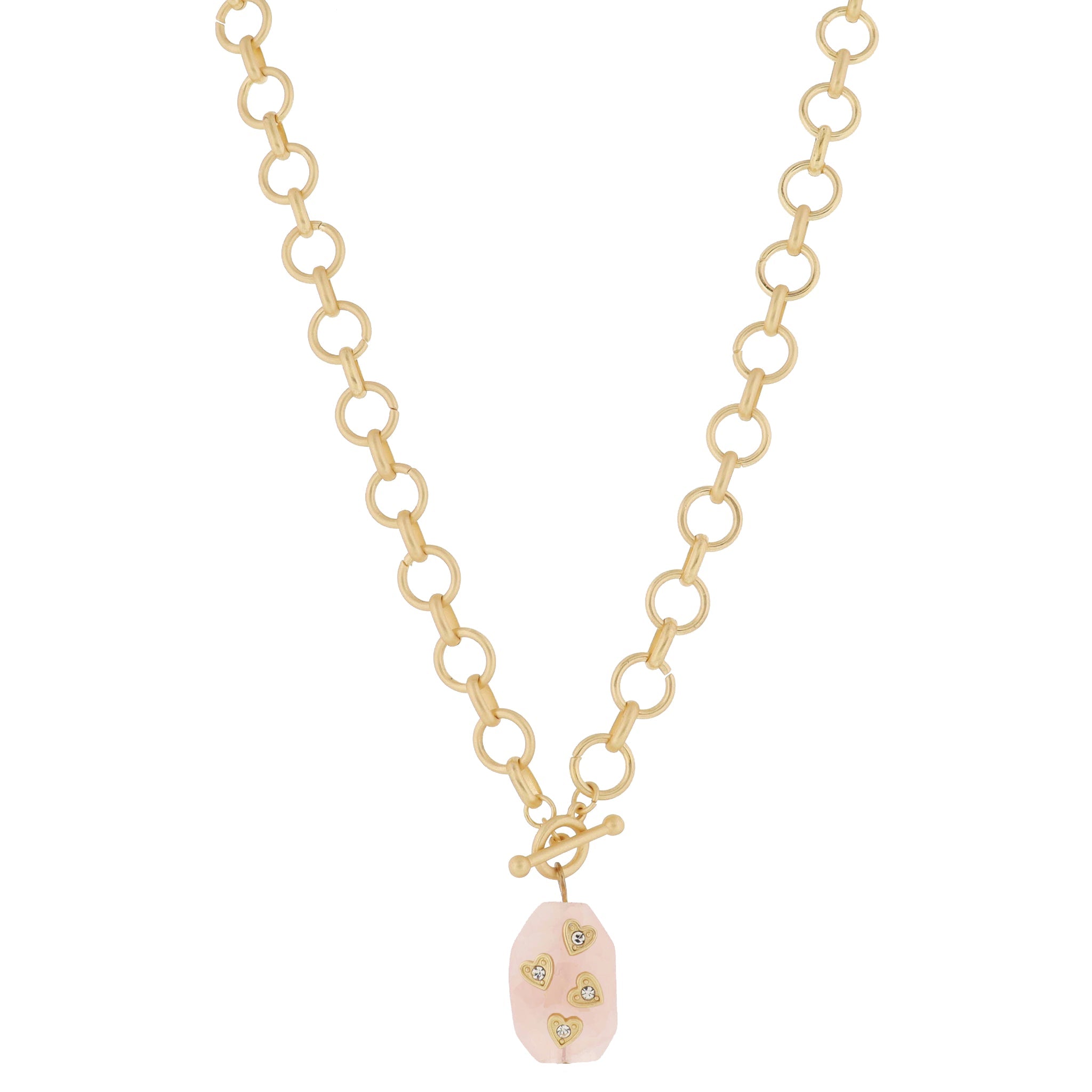 Gold Ball Bar Toggle & Faceted Rose Quartz Stone with Gold & Crystal Hearts Necklace, .85" Penant